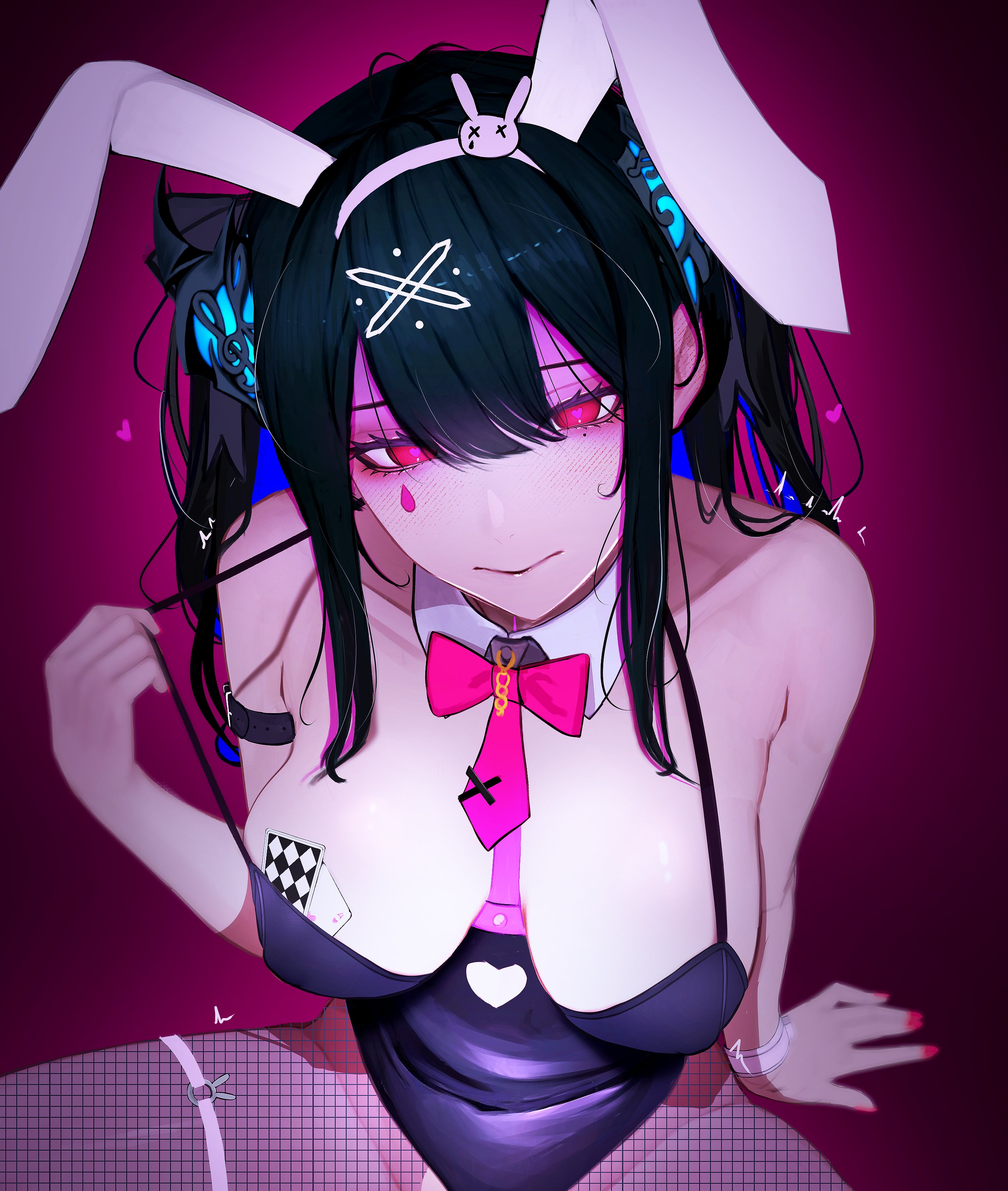 absurdres, ace (playing card), ace of hearts, animal ears, bare shoulders, black hair, blue hair, breasts, card, chest harness, cleavage, commentary, english commentary, facial mark, fake animal ears, female, fishnet thighhighs, fishnets, harness, heart, heart-shaped pupils, highres, hololive, hololive english, large breasts, mole, mole under eye, multicolored hair, nerissa ravencroft, playboy bunny, playing card, purple background, purple eyes, rabbit ears, rabbit hole (vocaloid), soju ice, solo, spaghetti strap, symbol-shaped pupils, teardrop facial mark, thighhighs, twintails, two-tone hair, virtual youtuber