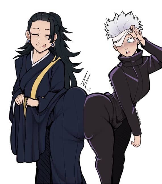 2boys, 2femboys, ass, big ass, closed eyes, fat ass, femboy, feminine, feminine male, girly, huge ass, jujutsu kaisen, male, round ass, satoru gojo, smile, sugarystarfish, suguru geto, thick, thick ass, thick thighs, thighs, tongue, voluptuous, voluptuous body, voluptuous femboy, voluptuous male