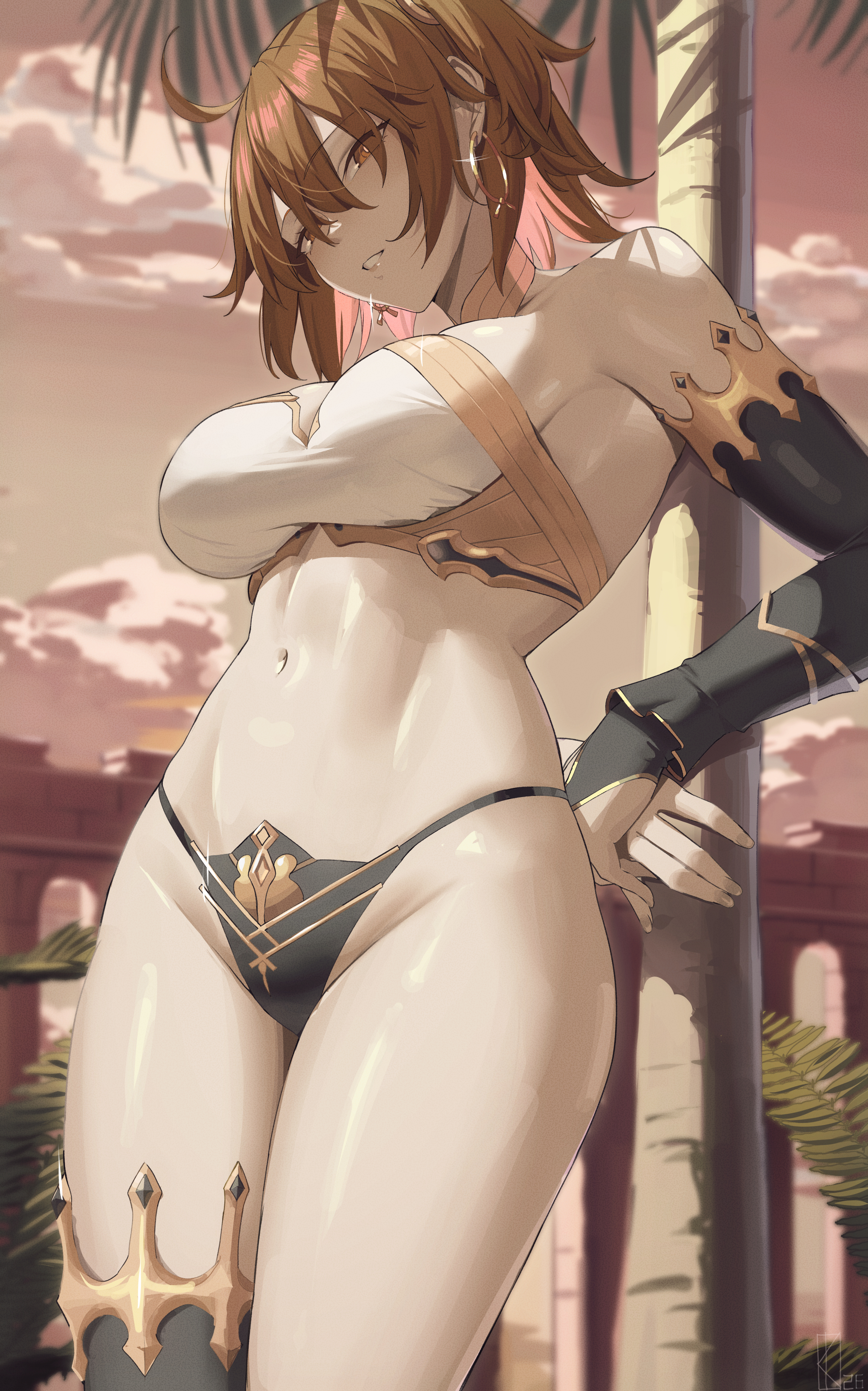 absurdres, alternate breast size (larger), bare shoulders, black bridal gauntlets, black thighhighs, breasts, bridal gauntlets, click me please, commentary, commission, cosplay, earrings, english commentary, fate (series), fate/grand order, female, fujimaru ritsuka (female), hair between eyes, highres, ishtar (fate), ishtar (fate) (cosplay), jewelry, kakeku, large breasts, looking at viewer, medium hair, navel, orange hair, outdoors, parted lips, pixiv commission, single thighhigh, solo, stomach, thighhighs, thighs