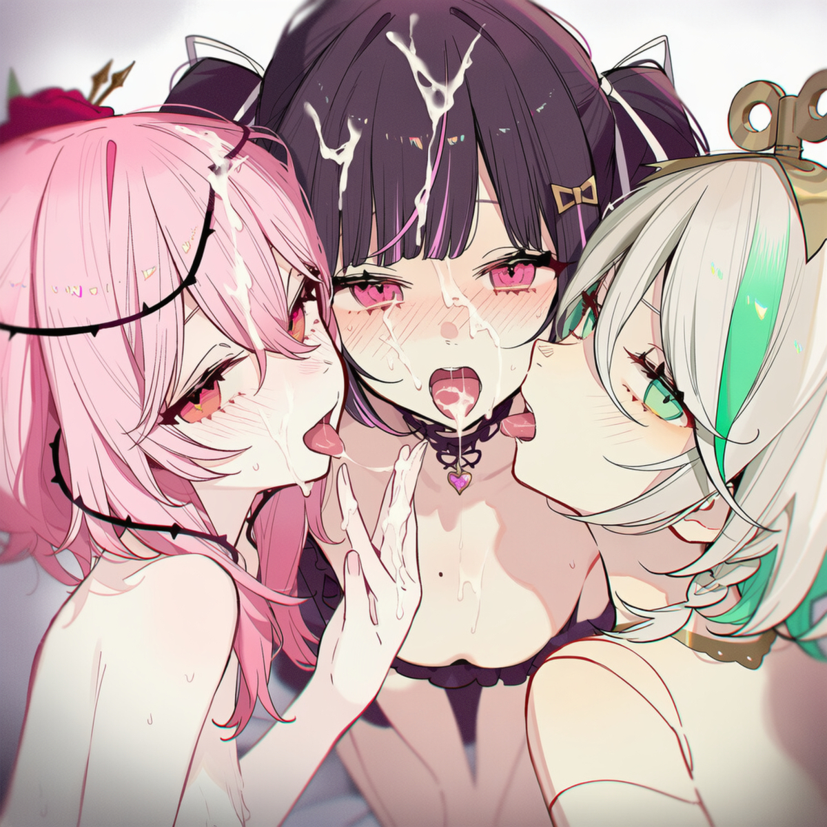 2020s, 2026, 3girls, ai generated, black hair, breasts, cecilia immergreen, cum, cum on face, cum on hair, cum on tongue, doll joints, female, female only, graduated vtuber, green eyes, himemiya rie, hololive, hololive english, hololive english -justice-, looking at viewer, multiple girls, naked, nijisanji, nijisanji en, nude, phase alias, phase connect, pink eyes, red eyes, rosemi lovelock, shyzaka, small breasts, streamer, virtual youtuber, vtuber, white background, white hair, youtube, youtuber, youtuber girl