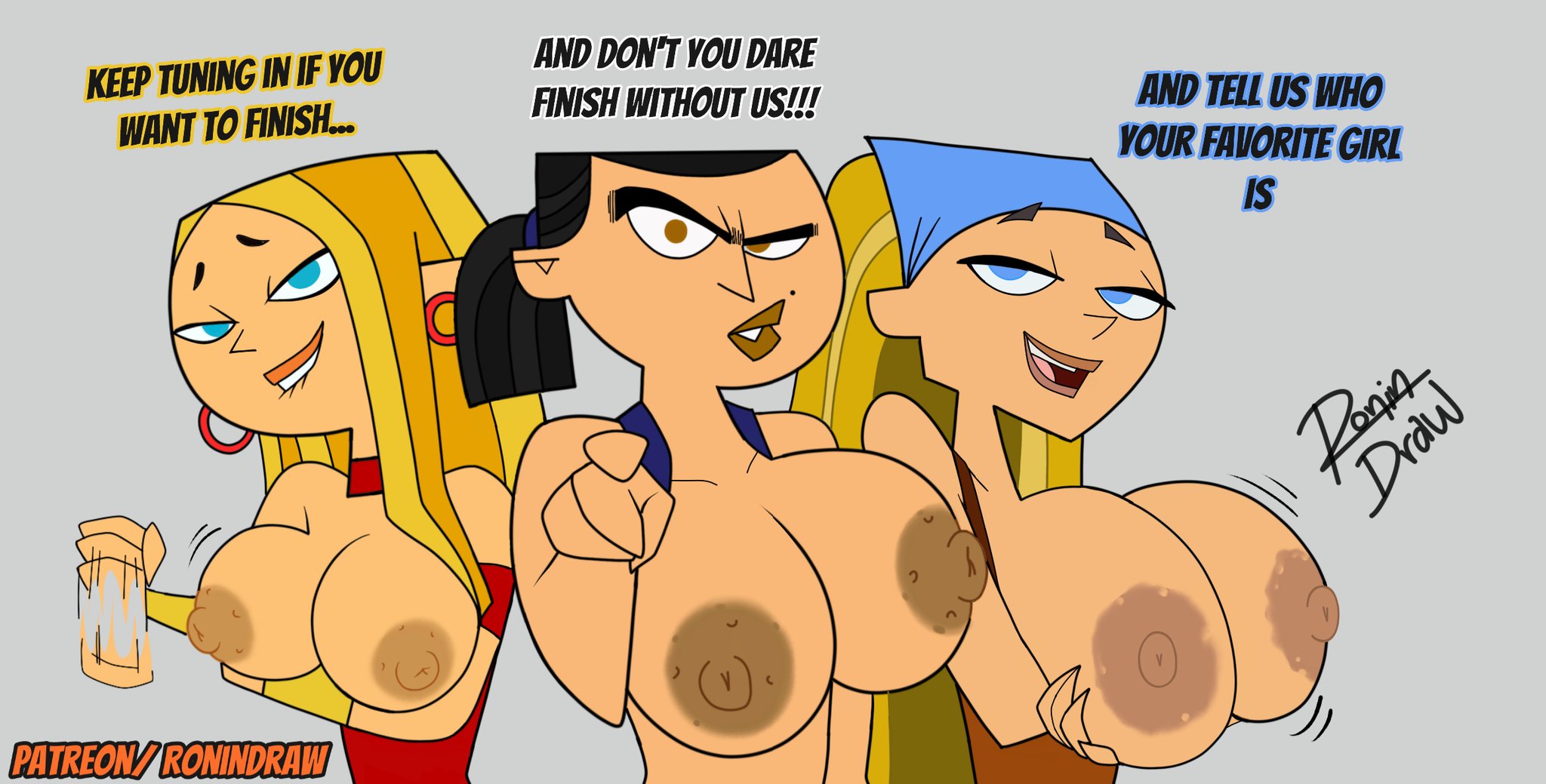 2d, 3girls, areolae, big breasts, black hair, blaineley (tdi), blonde hair, breasts, busty, english text, erect nipples, eva (tdi), female, female focus, female only, large breasts, lindsay (tdi), long hair, loose hair, makeup, nipples, ponytail, ronindraw, tagme, teasing, text, total drama island