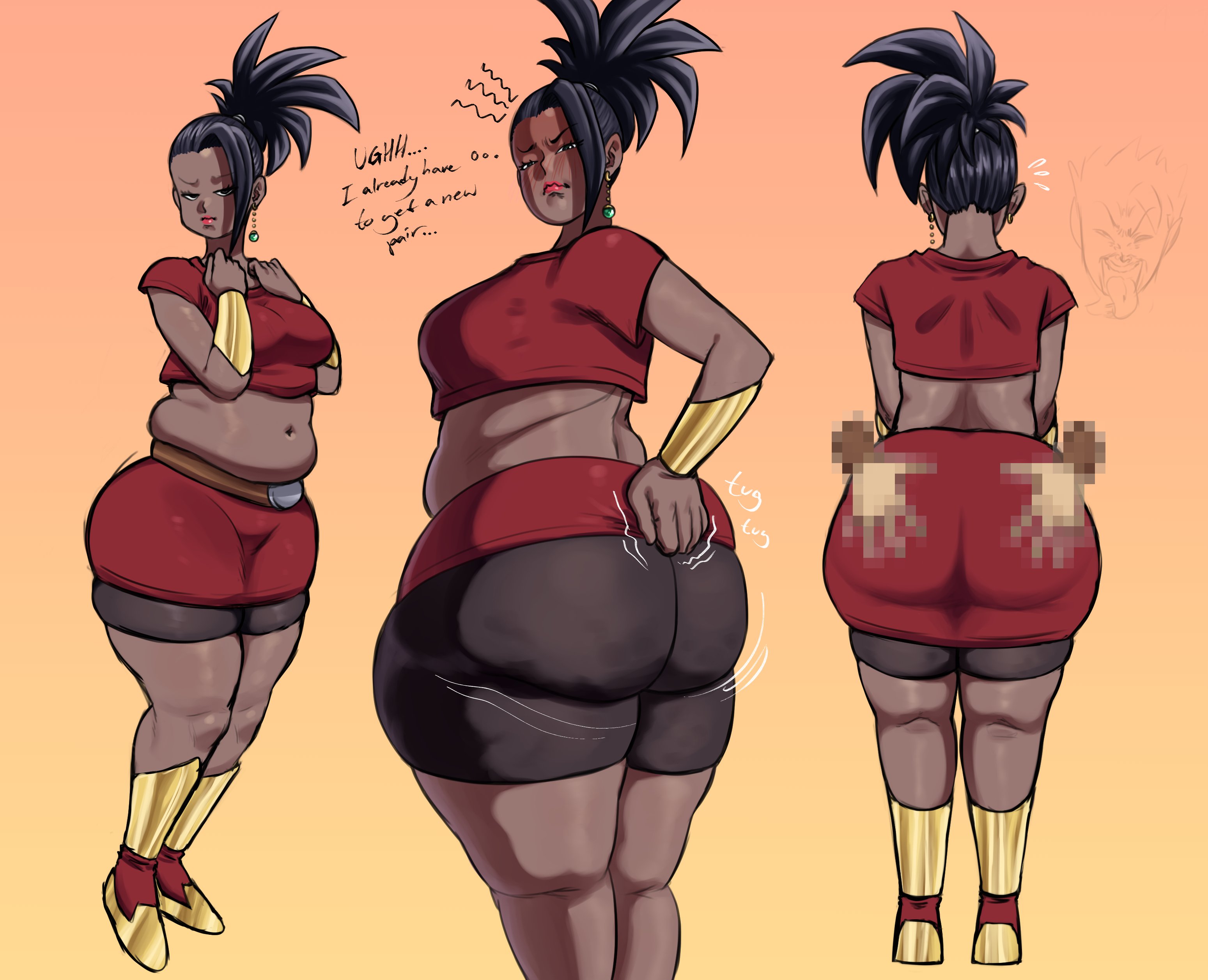 1girls, ass shot, behind view, belly, big ass, cabba, censored hands, dark skin, dragon ball, dragon ball super, earrings, exposed belly, exposed thighs, fat, fat female, female, female only, hair tied, isxues, kale, mosaic censoring, nervous, red crop top, red skirt, solo, thick body, wide hips