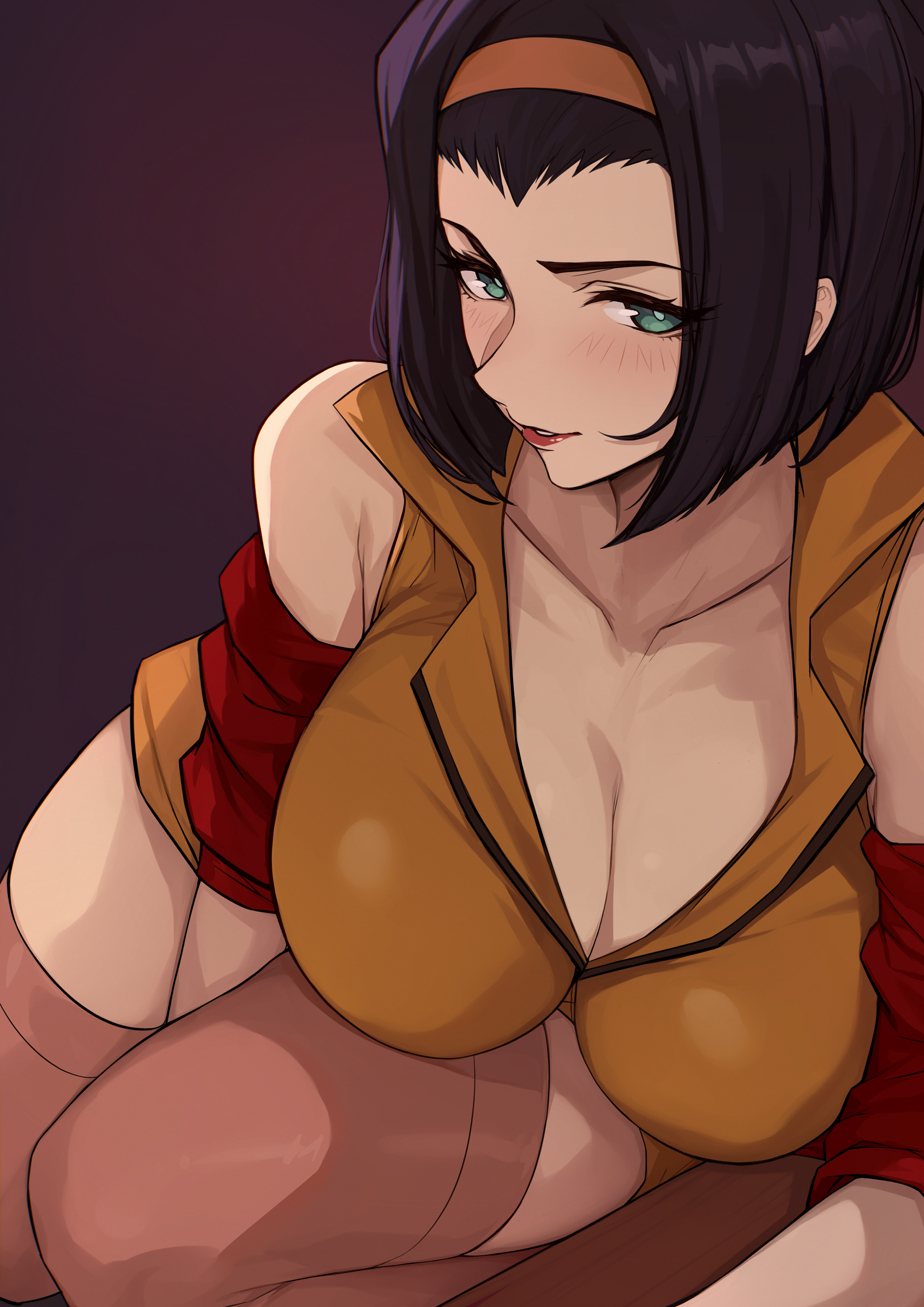 1girls, arm between legs, blush, cleavage, cowboy bebop, crop top, evan yang, faye valentine, green eyes, headband, jacket, jacket off shoulders, large breasts, medium hair, purple hair, red lipstick, shorts, sitting, skimpy clothes, smile, sunrise (studio), thick thighs, thighhighs
