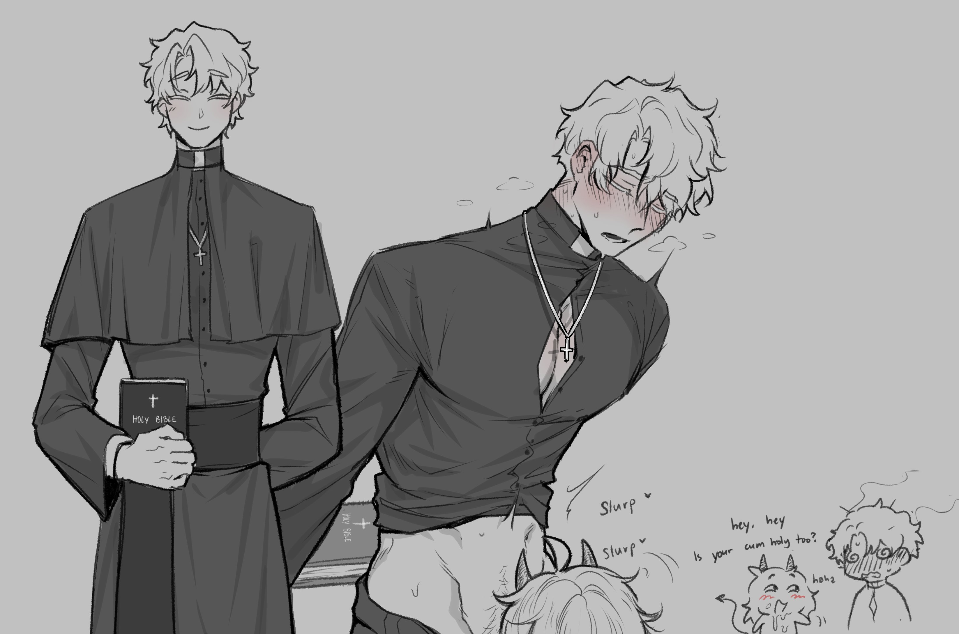 1boy, 1girls, blowjob, blush, breath, broad shoulders, christian cross, christian symbol, church clothes, closed eyes, clothed, clothed oral, clothing, demon girl, dialogue, dizzy, dizzy eyes, dominant female, english text, female, femdom, grey background, half-dressed, implied oral, male, male focus, malesub, marblechii, monochrome, muscular, muscular male, open mouth, oral, original, original character, pants down, priest, smile, smug, smug face, straight, submissive male, text, tight clothing, twitter link, unbuttoned, unbuttoned shirt