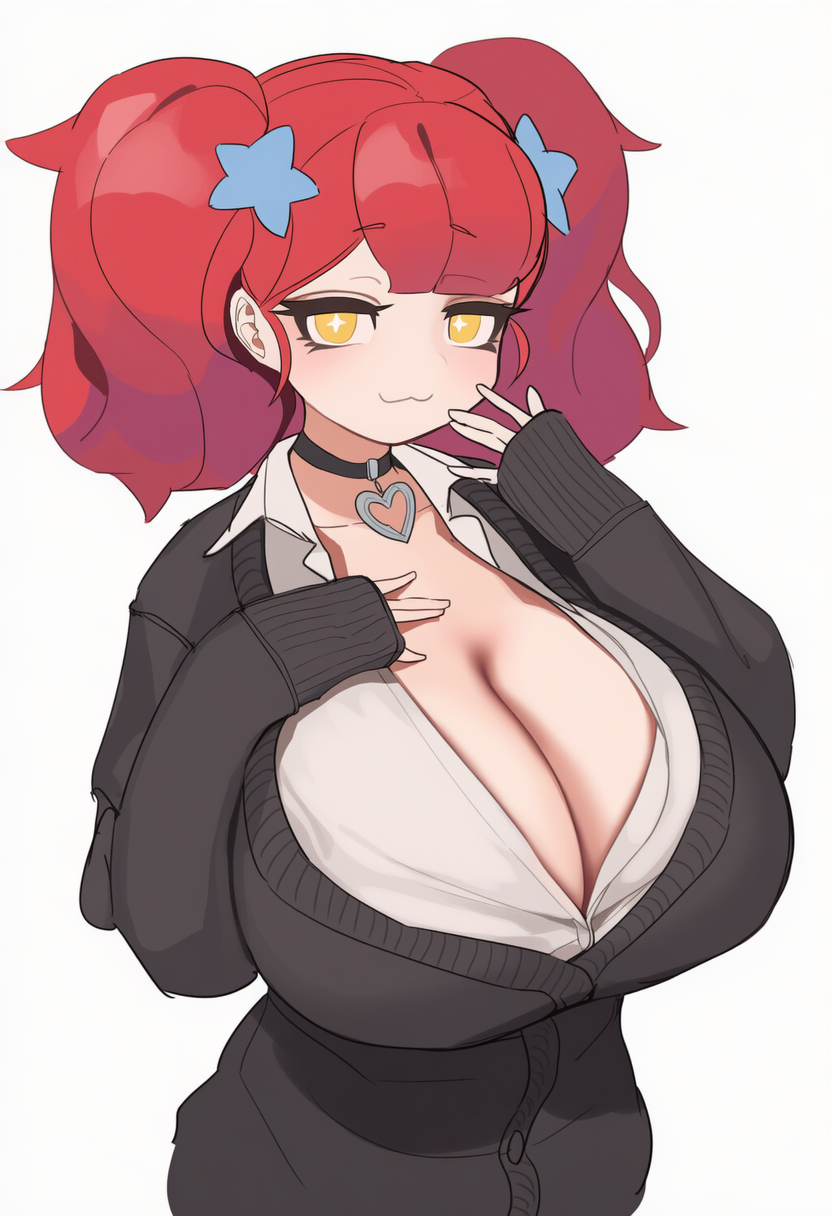 :3, black clothing, cleavage, cleavage overflow, curvy figure, from above, gyaru, hairclip, huge breasts, kimmythefem, mascara, medium hair, original, original character, red hair, solo, solo female, solo focus, star shaped pupils, sweater, twintails, upper body, white shirt