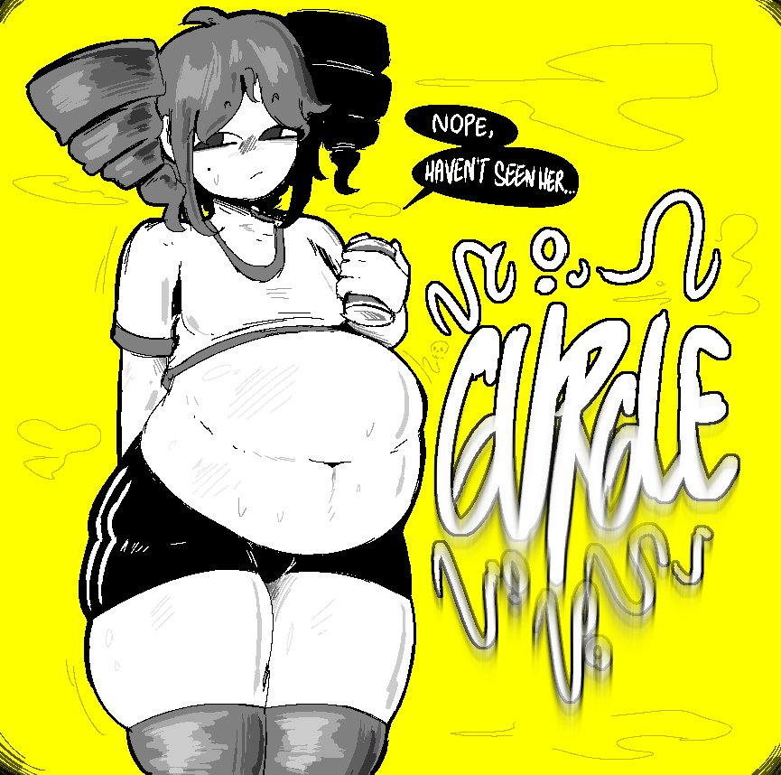 1girl, ahoge, arm behind back, bike shorts, blush, breasts, can, closed mouth, digestion, digestion noises, drill hair, english text, fat, hatsune miku, holding, holding can, kasane teto, looking at viewer, medium hair, midriff, monochrome, navel, same size vore, shirt, short sleeves, shorts, skindentation, soft vore, solo, speech bubble, steam, struggling, struggling prey, sweat, thick thighs, thighhighs, thighs, tuppenjskewer, twin drills, unwilling, unwilling prey, unwilling vore, utau, utauloid, vocaloid, vore, vore belly, weight gain, yellow background