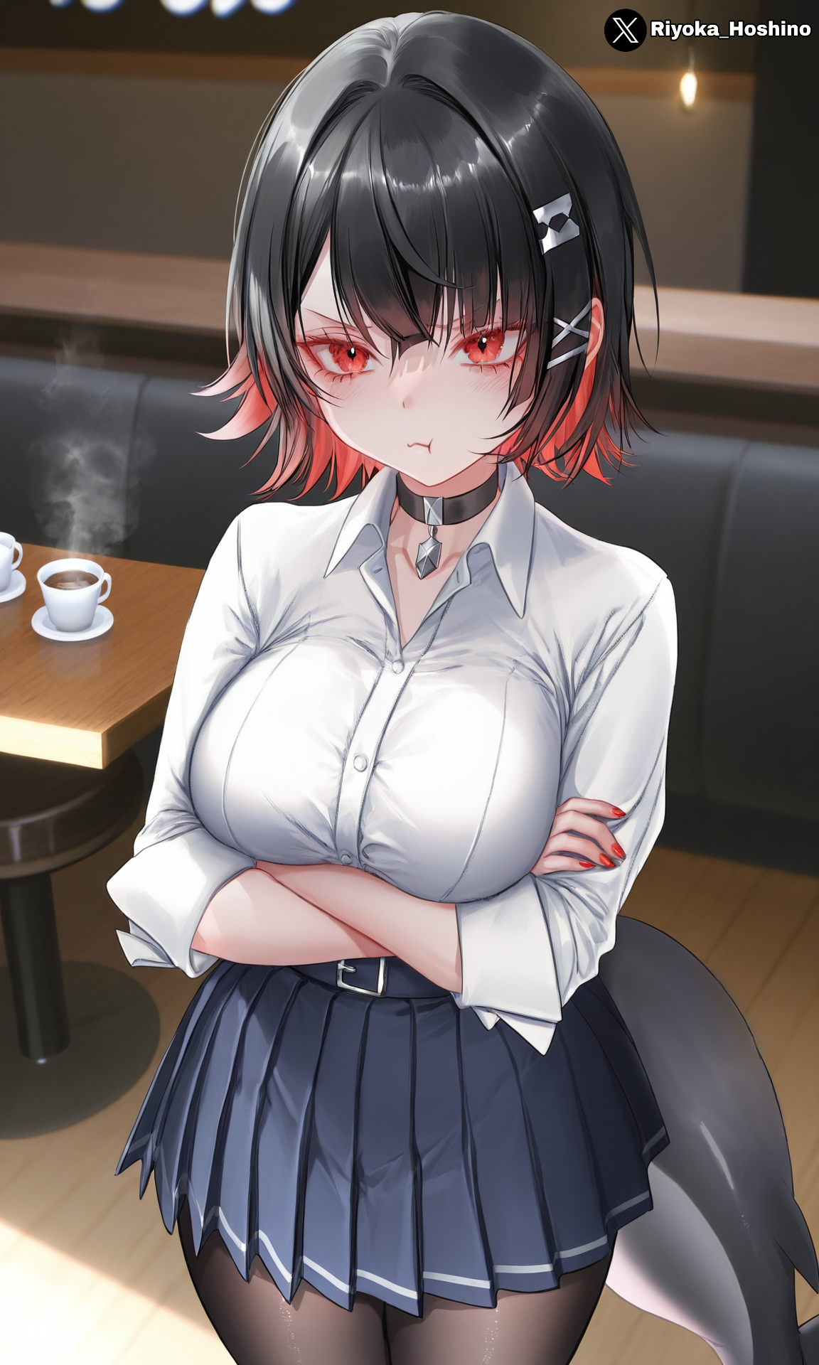 ai generated, angry expression, black hair, breasts, collar, colored nails, crossed arms, ellen joe, ellen joe (on campus), female, female only, huge breasts, large breasts, looking at viewer, miniskirt, open mouth, painted nails, pout, pouting, red eyes, riyoka hoshino, shark girl, shark tail, short hair, tights, zenless zone zero