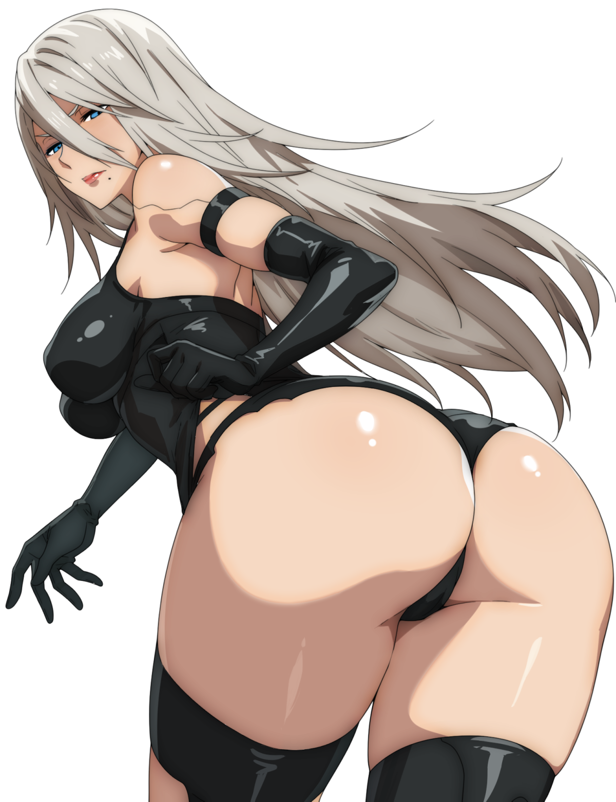 1girls, armpits, armwear, ass, ass focus, back view, big ass, big breasts, blue eyes, breasts, female, female only, jamjam, light-skinned female, long hair, looking at viewer, looking back, mole under mouth, nier (series), nier: automata, nipple bulge, panties, partially clothed, shiny skin, solo, standing, thick, thick ass, thick thighs, thighhighs, thighs, white hair, yorha a2