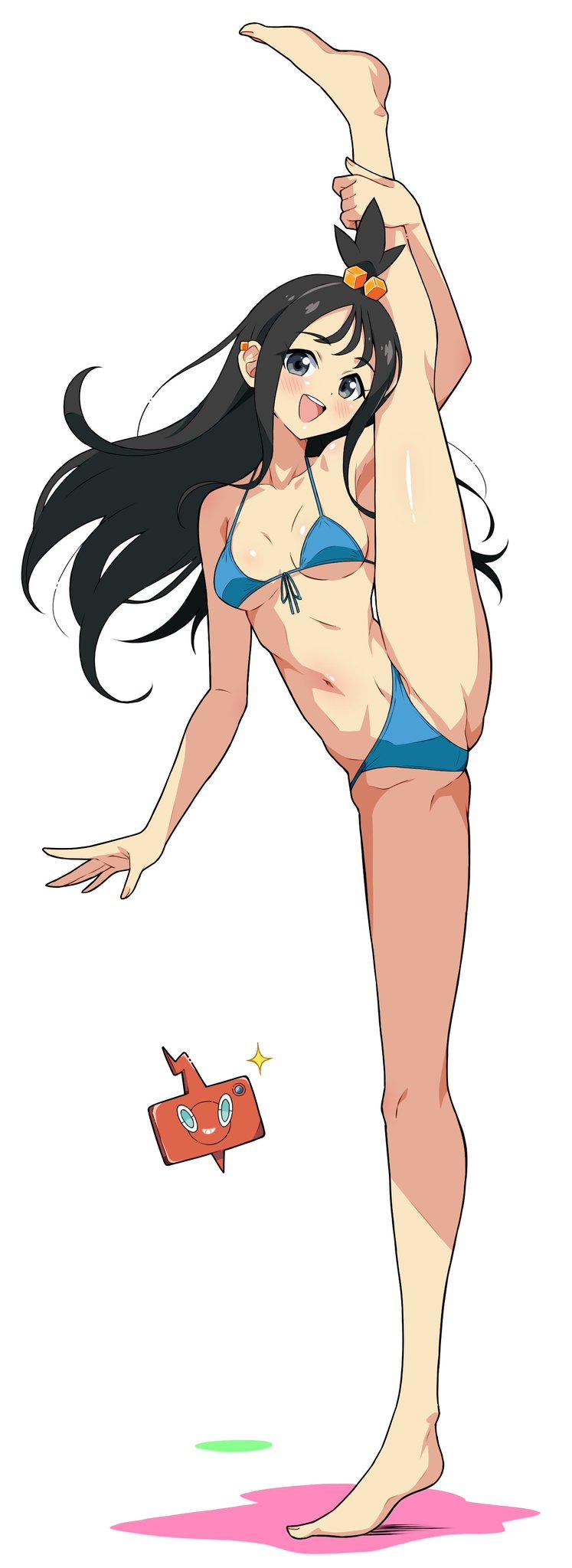 1girls, 2d, 2d (artwork), 2d artwork, almost naked, almost nude, ankles, arm above head, arm up, armpit, armpit crease, armpit peek, armpits, average breasts, bare armpits, bare arms, bare belly, bare calves, bare chest, bare hands, bare hips, bare knees, bare legs, bare midriff, bare navel, bare shoulders, bare skin, bare soles, bare thighs, bare toes, barefoot, belly, belly button, bikini, bikini bottom, bikini only, bikini top, black hair, black-haired female, blue bikini, blue bikini bottom, blue bikini top, blue eyes, blue swimsuit, blue swimwear, blue-eyed female, blush, blush face, blushing at viewer, blushing female, breasts, breasts apart, calves, collarbone, digital, digital art, digital drawing, digital drawing (artwork), digital media, digital media (artwork), drawing, duro (pokemon), eggman (ni tamagoex), elbows, exposed armpits, exposed arms, exposed belly, exposed chest, exposed hips, exposed legs, exposed midriff, exposed navel, exposed shoulders, exposed skin, exposed thighs, exposed toes, feet, female, female focus, female only, fingernails, fingers, foot up, full body, groin, groin tendon, hairless armpits, halterneck, hand above head, hand up, head tilt, high resolution, highres, inframammary fold, inguinal crease, inguinal ligament, knee up, knees, lean figure, leg up, legs, legs apart, legs spread, lida (pokemon), long hair, looking at viewer, medium breasts, midriff, mostly nude, naked, naked female, naked woman, narrow waist, navel, nearly nude, nintendo, nude, nude female, nudity, open mouth, open mouth smile, parted lips, petite, petite body, petite breasts, petite female, petite girl, petite tits, pokemon, pokemon legends: z-a, posing, posing for the viewer, posing naked, posing nude, practically nude, shaved armpits, shoulders, simple background, slender body, slender waist, slim female, slim waist, smile, smiley face, smiling, smiling at viewer, soles, solo, spread legs, spreading legs, spreading thighs, standing, standing on one leg, string bikini, swimsuit, swimwear, thighs, tilted head, toes, tongue, upper teeth, white background
