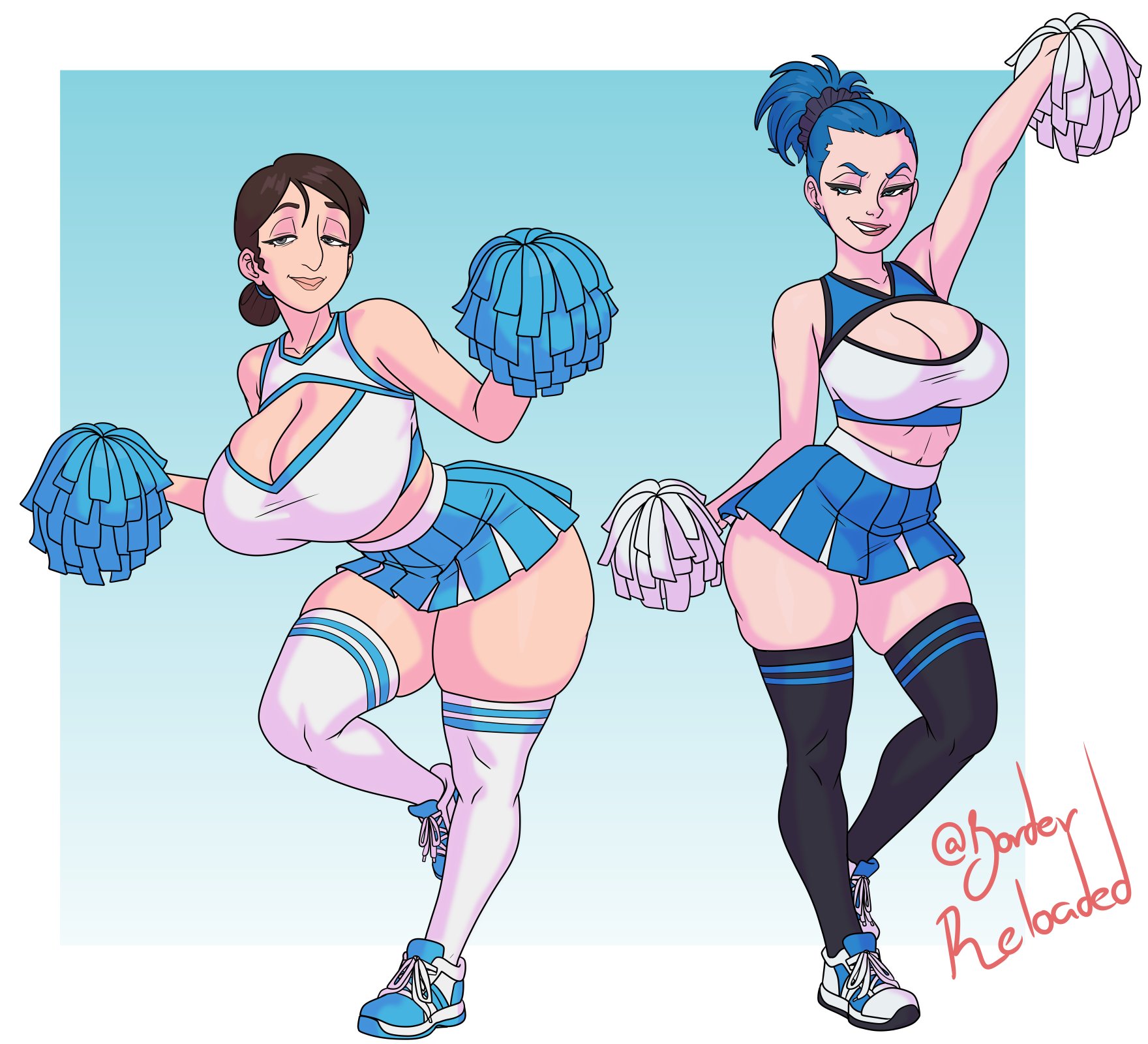 2d, 2girls, ass, athletic, athletic female, blue hair, borderreloaded, breasts, brown hair, bubble butt, busty, ceci's mom (hellonearthiii), cheerleader, cheerleader uniform, cleavage window, female, female only, full body, hourglass figure, jewelry, jewish, jewish female, miniskirt, pinup, pinup pose, pom poms, pripyatory (hellonearthiii), shoshanna (hellonearthiii), skimpy, skimpy clothes, skirt, sneakers, st. denis academy (hellonearthiii), tagme, thighhighs, wide hips