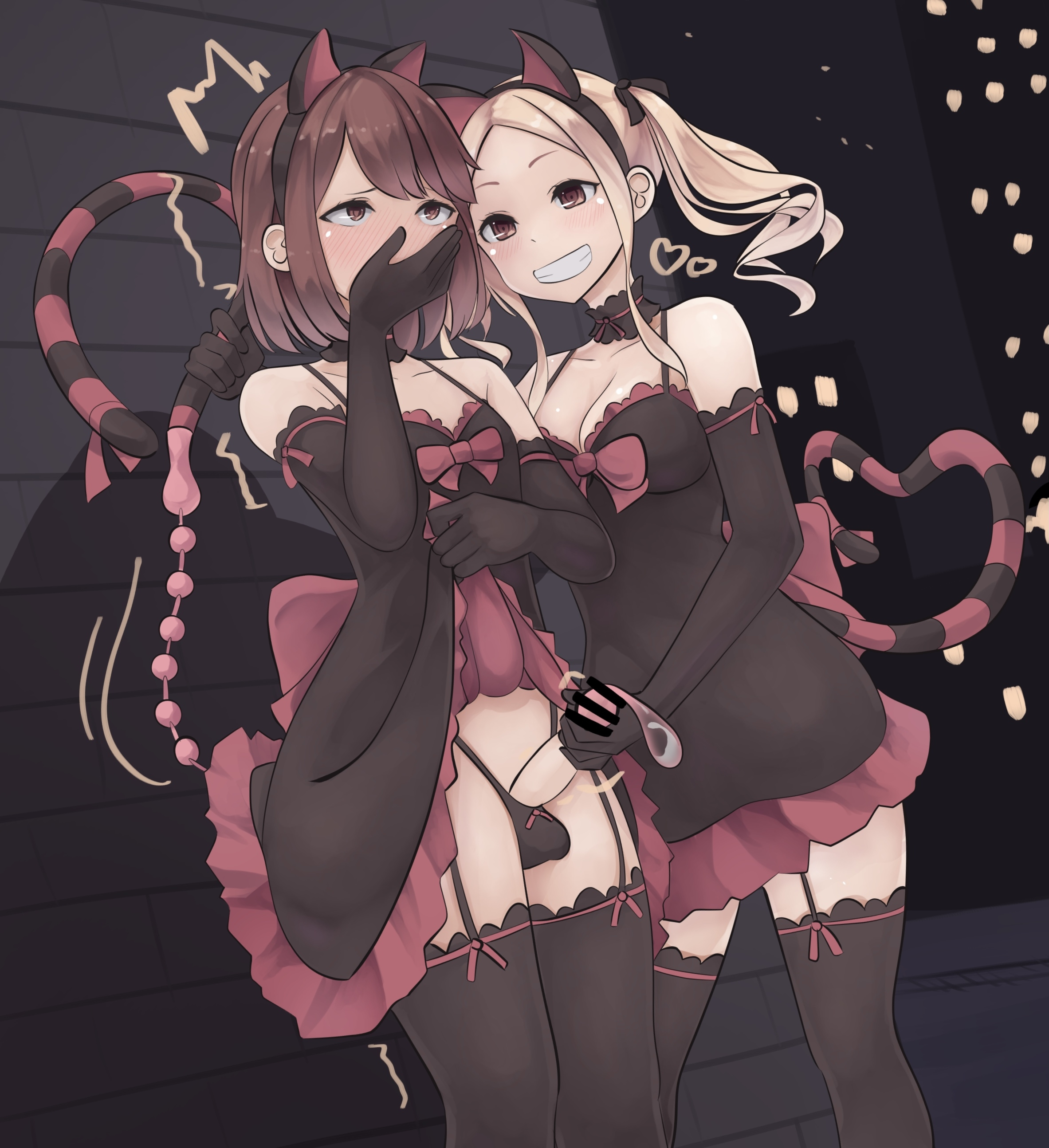 1boy, 1girls, armwear, beads, blonde, blonde female, blonde hair, blonde hair female, blonde-haired female, boobs, breasts, condom, condom on penis, crossdressing, cum, cum in condom, dress, ejaculation, fake animal ears, female, femboy, handjob, kikiu bd, legwear, male, orgasm, panties, semen, tail, thick ass, thighhighs, thighs, tits, woman