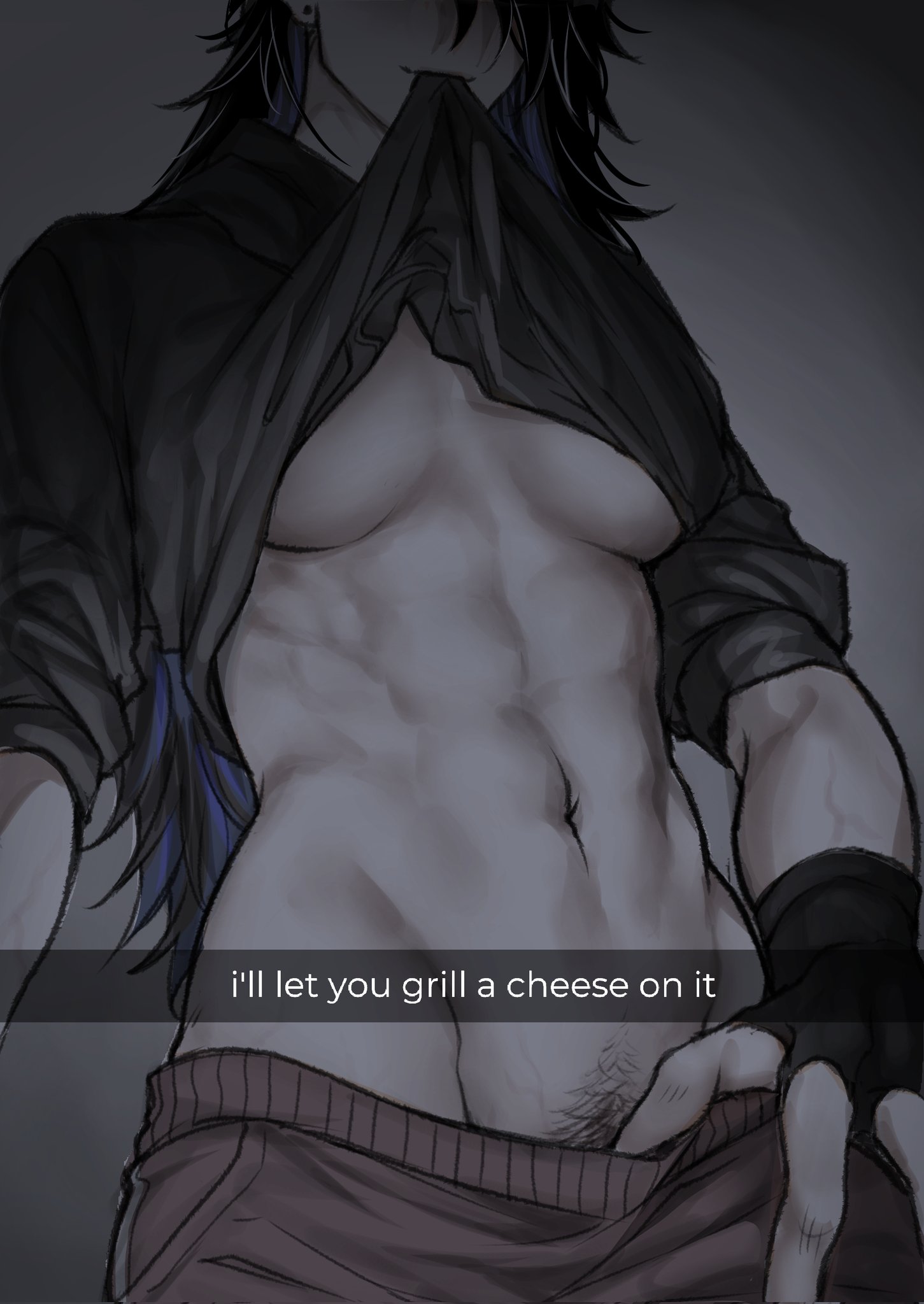 1girls, abs, black hair, caption, color, dominant female, ear piercing, english text, female, female focus, female only, femdom, fingerless gloves, gloves, grey background, half-dressed, lifting own clothes, light skin, long hair, marblechii, muscular, muscular female, original, original character, piercing, pubic hair, rolled up sleeves, shirt lift, shirt lift via mouth, shirt up pants down, spiky hair, text, twitter link, underboob