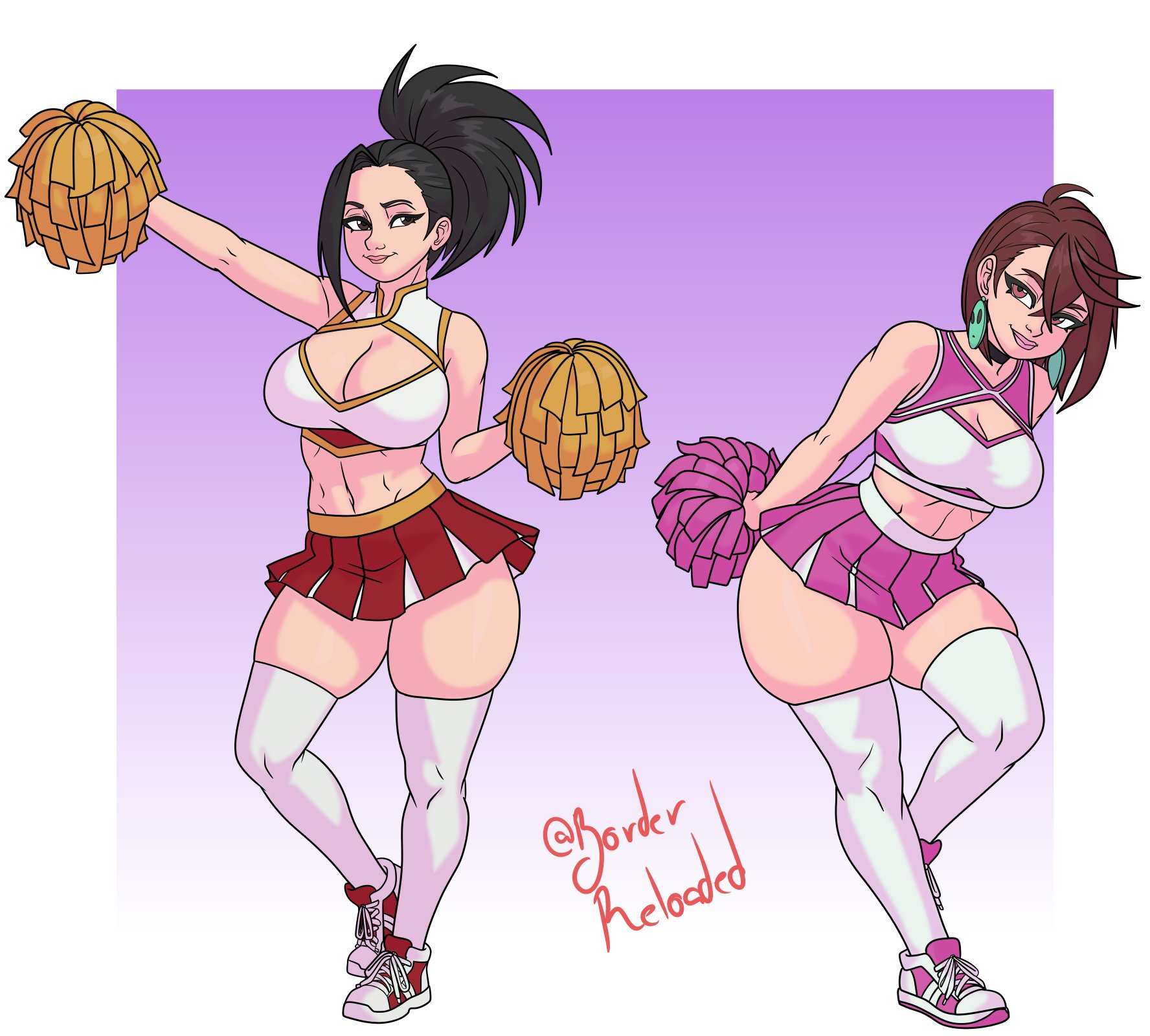 2d, 2girls, artist name, ass, athletic, athletic female, ayase momo, big breasts, black hair, black-haired female, boku no hero academia, borderreloaded, breasts, brown eyes, brown hair, brown-haired female, bubble butt, busty, cheerleader, cheerleader uniform, cleavage, clothed, crop top, crossover, dandadan, earrings, female, female focus, female only, full body, hourglass figure, large breasts, light skin, light-skinned female, long hair, miniskirt, momo ayase, momo yaoyorozu, multiple girls, my hero academia, name connection, navel, pinup, pinup pose, pleated skirt, pom poms, short hair, skimpy, skimpy clothes, skindentation, skirt, smile, sneakers, thick thighs, thighhighs, uniform, white legwear, white thighhighs, wide hips, yaoyorozu momo