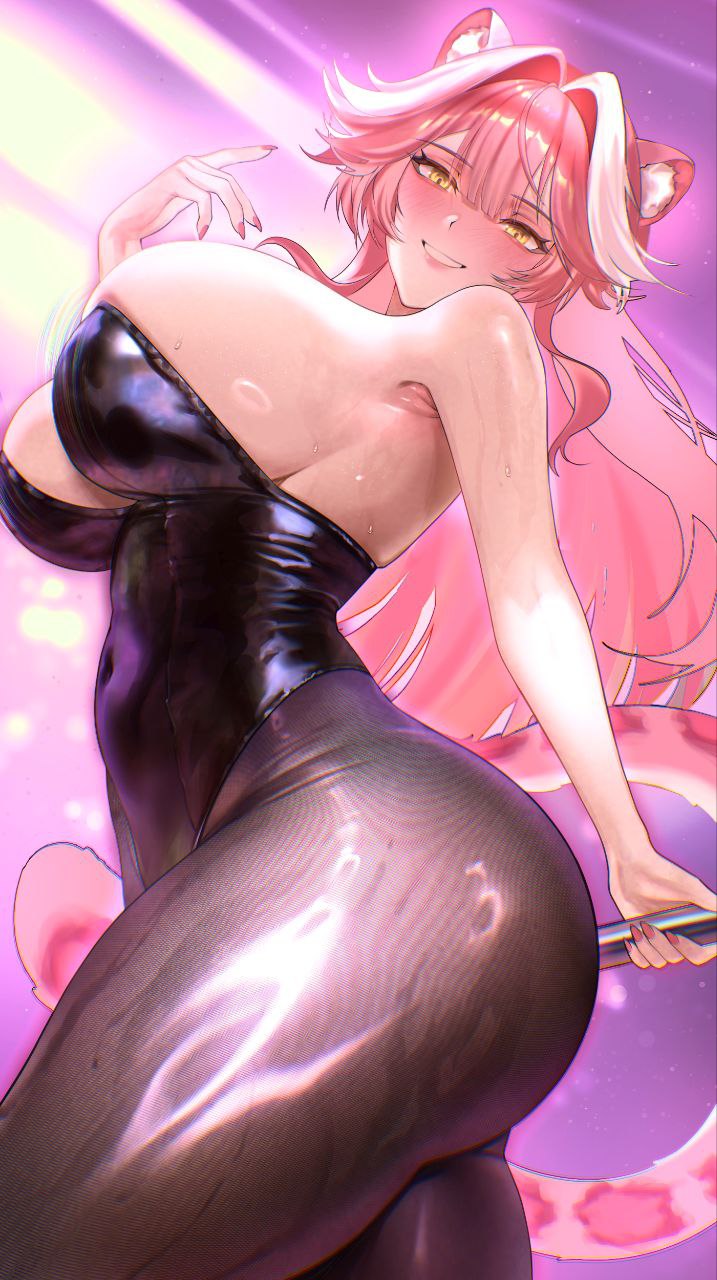 animal ears, ass, ass bigger than head, ass focus, ass visible through thighs, black leotard, breasts, breasts bigger than head, bunny costume, bunnysuit, hololive, hololive english, huge breasts, italian, light smile, long hair, looking at viewer, maslina0, naughty face, navel cutout, panther tail, pink hair, playboy, playboy bunny, playboy bunny costume, playboy outfit, raora panthera, sweat, sweatdrop, swimsuit, thigh strap, virtual youtuber, wet, wet clothes