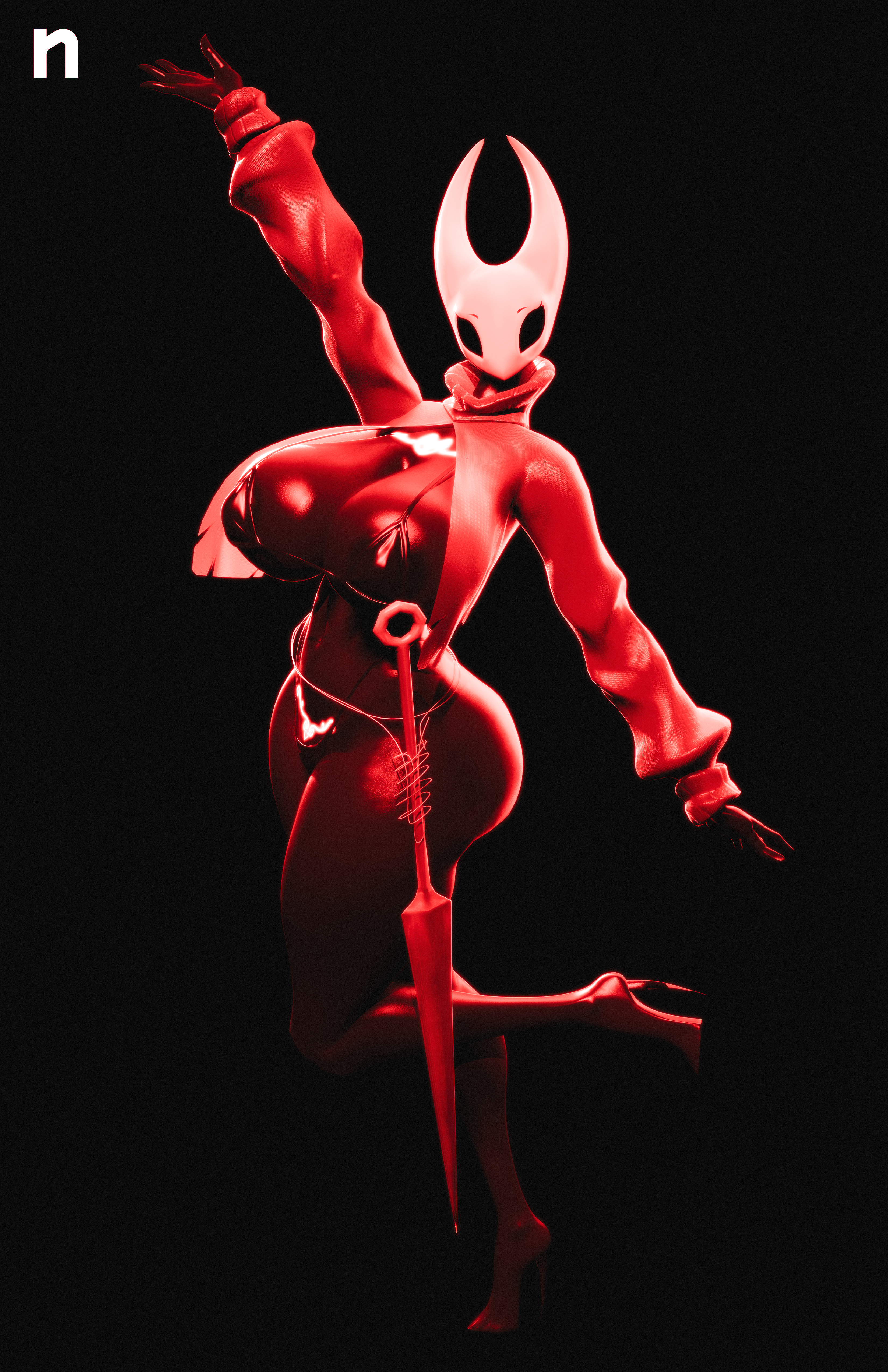 1girls, 3d, artist signature, big ass, big hips, big thighs, bikini, black background, busty, clothes, female only, full length portait, furry, furry only, hand gesture, high heels, hollow knight, hollow knight: silksong, hornet (hollow knight), huge breasts, insects, looking at viewer, micro bikini, micro swimsuit, midriff, one leg up, raised leg, simple background, solo, solo female, standing, swimsuit, three-quarter view, weapon