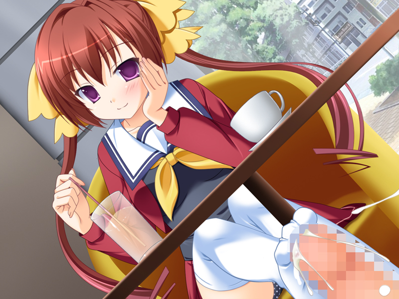 1girls, artist request, brown hair, censored, character request, cum, cum on body, cum on feet, cum on lower body, dutch angle, ejaculation, feet, female, footjob, footjob with legwear, footwear, looking at viewer, male, penis, pov, purple eyes, ribbon, ribbons, school uniform, sneaky sex, sockjob, socks, source request, stealth sex, under the table