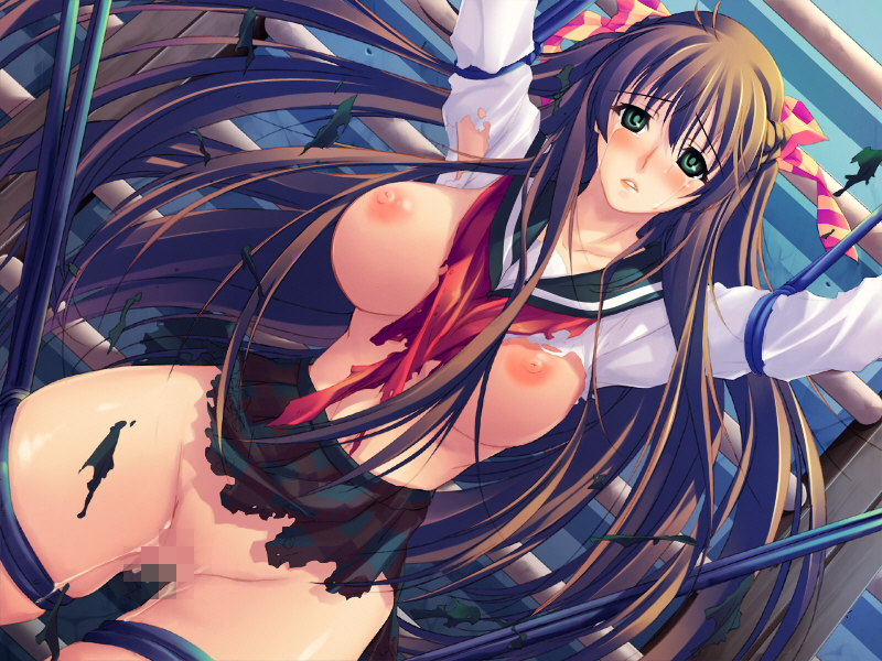 bb blush bondage breasts brown_hair censored game_cg green_eyes large_breasts long_hair nipples pussy school_uniform tears torn_clothes