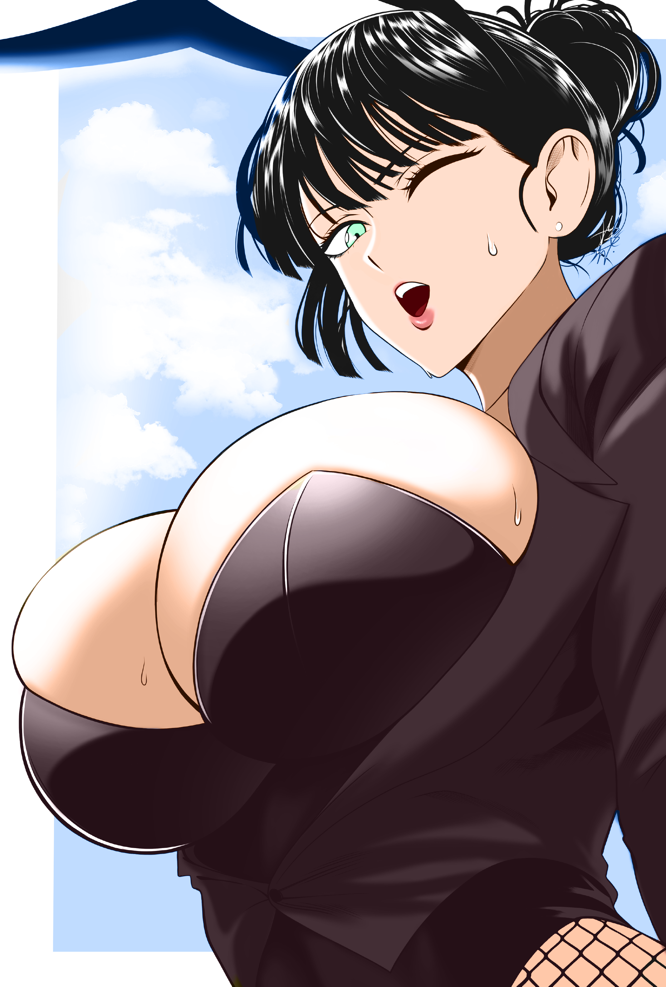 1girls, at, big, breasts, bun, bunny, bunnysuit, cleavage, closed, color, colored, colorization, colorized, colorshun, earrings, ears, eye, female, female only, fubuki (one-punch man), general, girl, hair, huge, large, looking, mostlybluewyatt, one, one-punch man, only, solo, sweat, sweatdrop, sweating, viewer