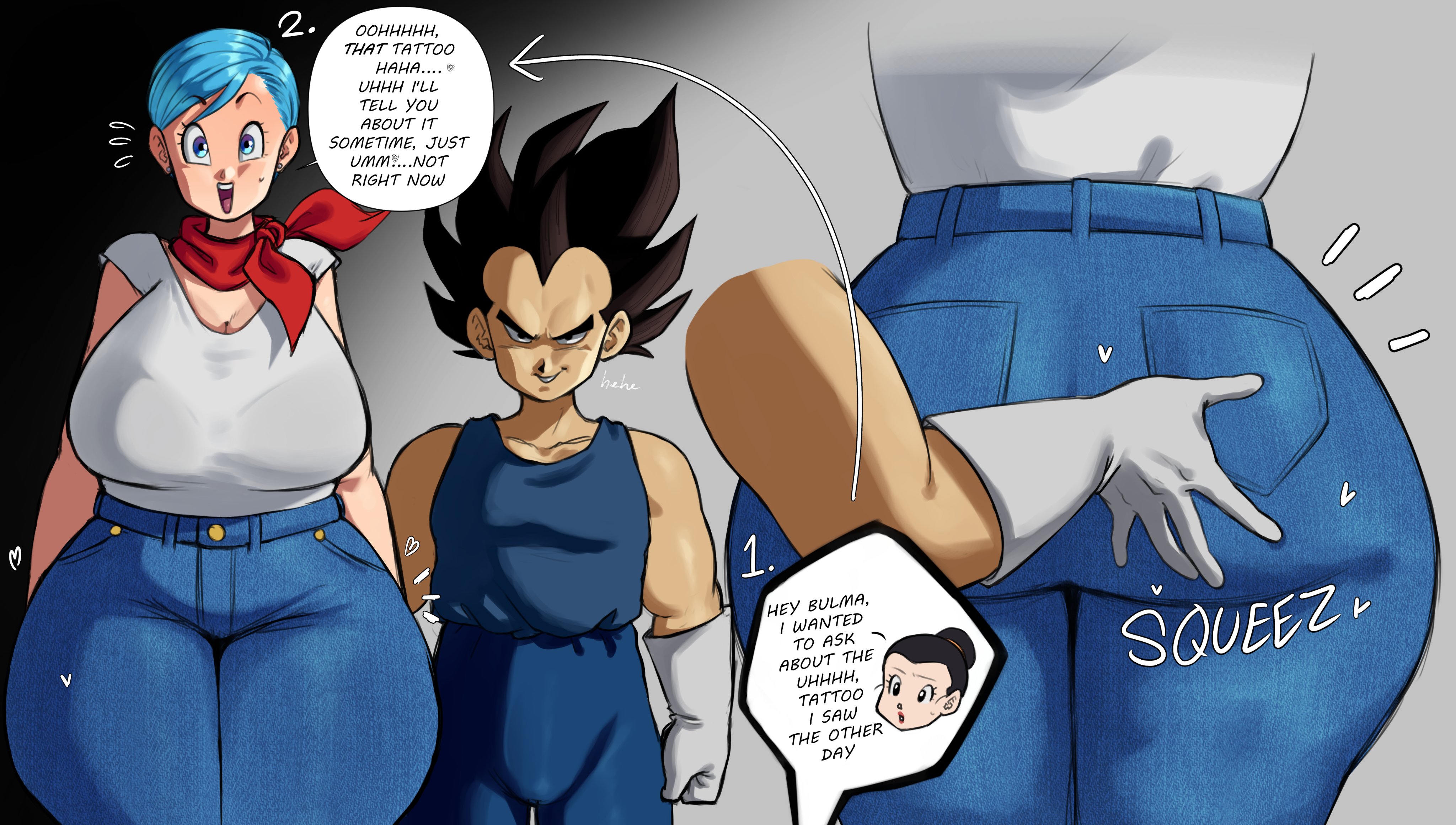 big ass, big forehead, blue clothes, bra visible through clothes, bulma briefs, bulma briefs (dragon ball super), dragon ball, dragon ball super, gloves, grabbing ass, groping from behind, hands on ass, height difference, jeans, juicy butt, red ascot, risky, squeezing butt, vegeta, white shirt, wide hips, wide thighs