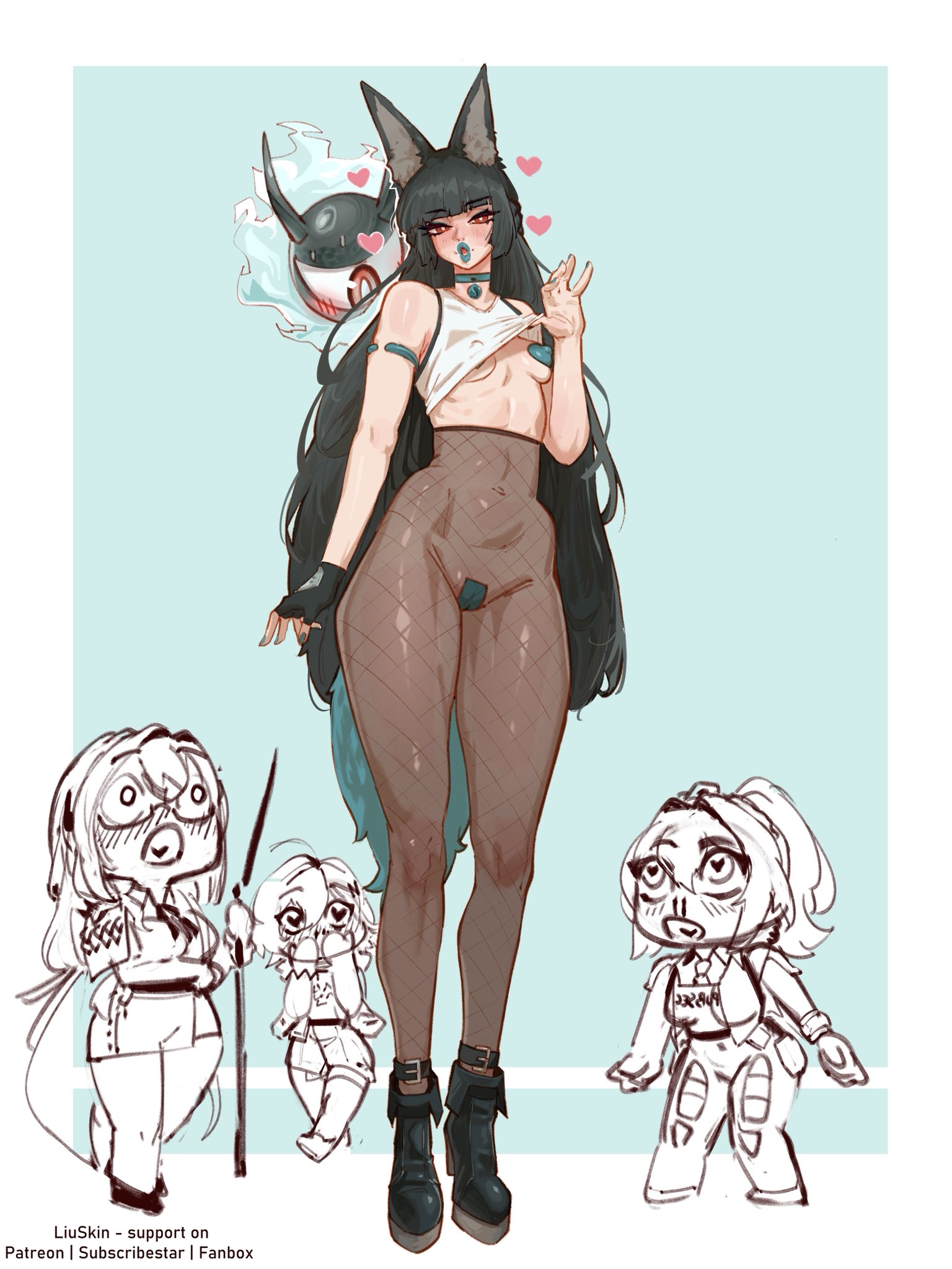 belle (zenless zone zero), clothed, female, fishnets, high heel boots, high heels, hoshimi miyabi, liuskin, pantyhose, pasties, revealing clothes, small breasts, tagme, thick thighs, tsukishiro yanagi, zenless zone zero, zhu yuan