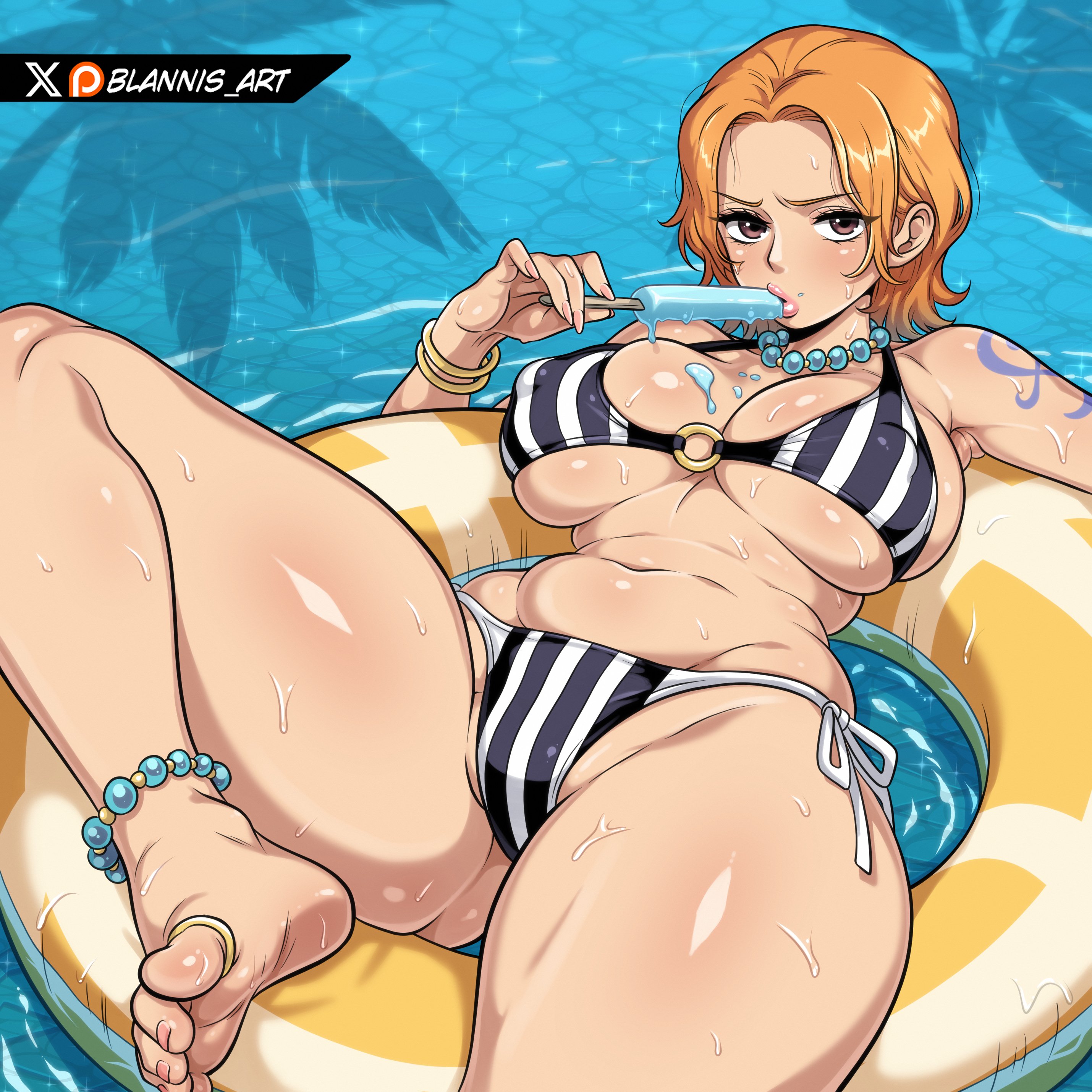 1girls, absurdres, anklet, annoyed, arm tattoo, artist name, bikini, bikini bottom, black bikini, blannis art, blue tattoo, breasts, covered erect nipples, day, embarrassed, eyebrows, eyelashes, female, female focus, female only, fingernails, food, foot out of frame, from below, highres, ice cream, jewelry, large breasts, lips, long fingernails, looking at viewer, lying, matching hair/eyes, medium hair, multicolored bikini, nami (one piece), o-ring, o-ring bikini, one piece, one piece: strong world, orange eyes, orange hair, orange-haired female, outdoors, plump, pool, side-tie bikini bottom, solo, striped clothes, swimsuit, tattoo, toe ring, toenails, toes, two-tone bikini, vertical-striped clothes, water, watermark, white bikini