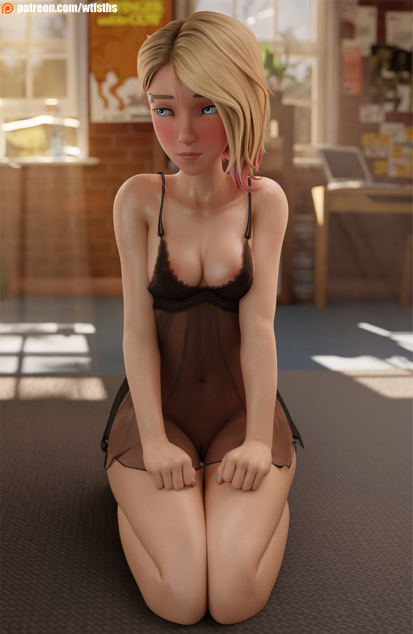 3d 3d_(artwork) asymmetrical_hair blonde_female blonde_hair blue_eyes female ghost-spider gwen_stacy gwen_stacy_(spider-verse) light-skinned_female light_skin marvel marvel_comics multicolored_hair nightgown petite sexy_body skinny skinny_female solo spider-gwen spider-man:_across_the_spider-verse spider-man:_into_the_spider-verse spider-man_(series) superhero superheroine teenage_girl teenager wtfsths