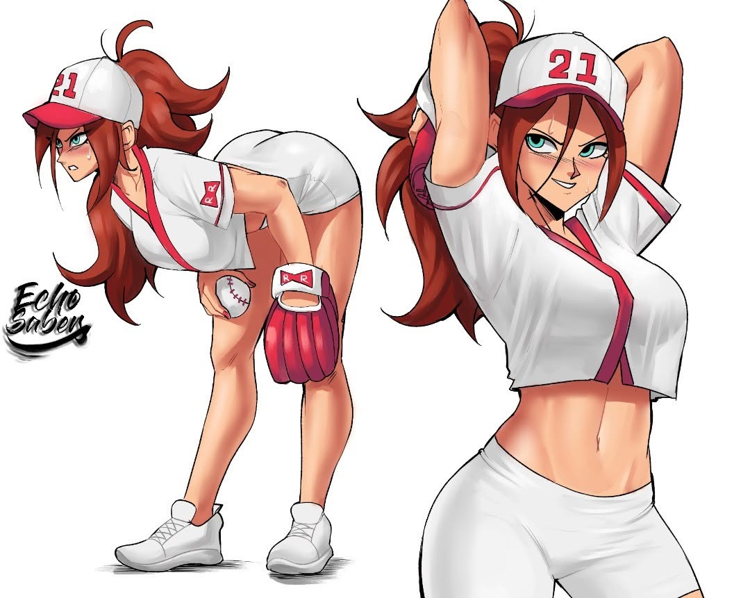 1girls, alternate costume, alternate hairstyle, android 21, android 21 (human), athletic female, baseball cap, big ass, big breasts, blue eyes, blush, breasts, butt crack, cropped shirt, dragon ball, dragon ball fighterz, echosaber, female, ponytail, solo, sweat
