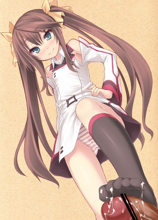 black_socks bow brown_hair cameltoe censored clothed_female clothed_female_nude_male cum cum_on_body cum_on_lower_body cum_on_socks feet female footjob footjob_with_legwear green_eyes hand_on_hip hips huang_lingyin infinite_stratos kneehighs long_hair looking_at_viewer looking_down male panties pantyshot pantyshot_(standing) penis pointless_censoring pov ryo smile sockjob standing standing_footjob striped striped_panties tied_hair toes twintails underwear