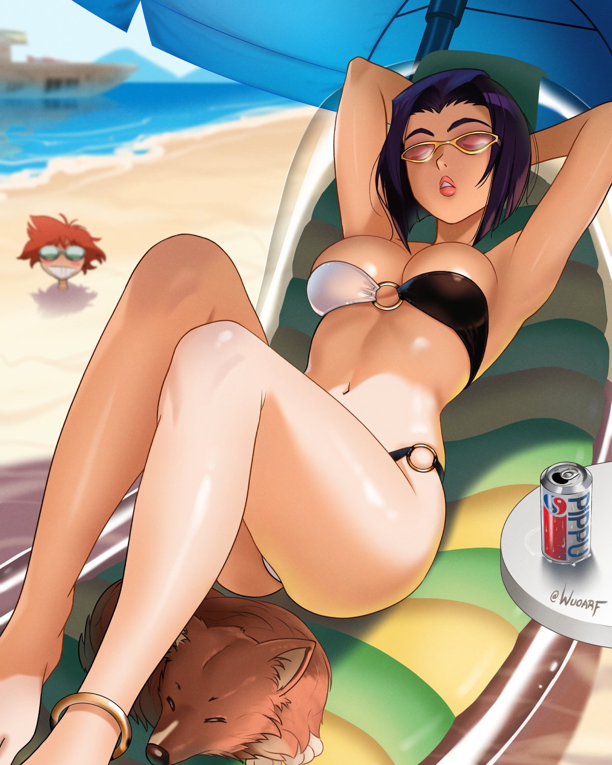 2girls, anklet, armpits, arms behind head, bare legs, barefoot, beach, beach umbrella, bikini, black bikini, blurry, blurry background, brand name imitation, breasts, brown hair, buried, can, canine, closed eyes, commentary, cowboy bebop, day, drink can, edward wong hau pepelu tivrusky iv, ein (cowboy bebop), english commentary, faye valentine, feet, female, female only, grin, highres, jewelry, knees up, large breasts, legs, lying, multicolored bikini, multiple girls, navel, o-ring, o-ring bikini, o-ring bottom, o-ring top, ocean, on back, outdoors, parted lips, pepsi, pink-tinted eyewear, purple hair, purple-haired female, sand, shore, short hair, sleeping, smile, soda can, solo focus, spacecraft, strapless, strapless bikini, sunglasses, swimsuit, thighs, tinted eyewear, twitter username, two-tone bikini, umbrella, water, welsh corgi, white bikini, wuoarf, yellow-framed eyewear
