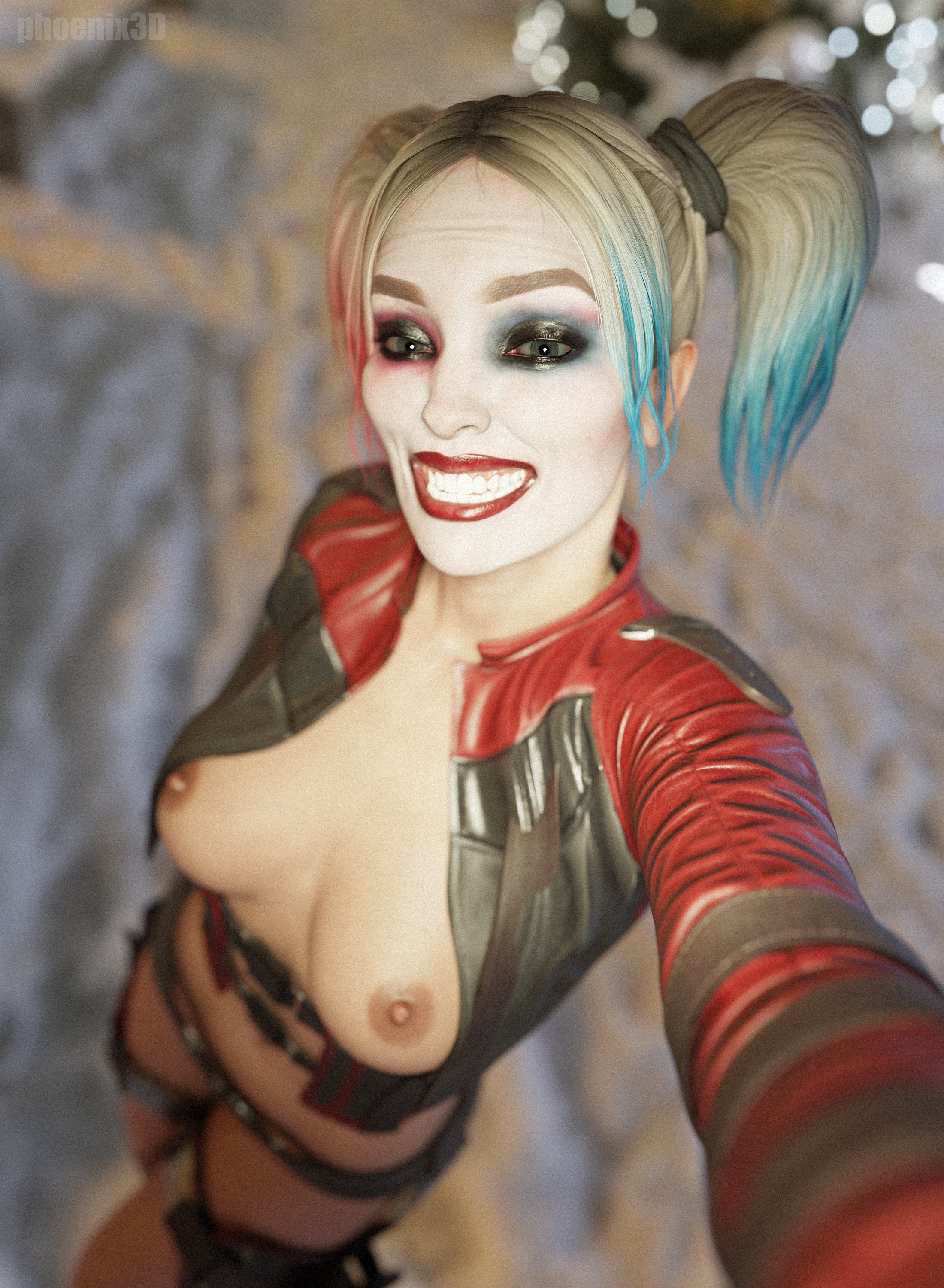 1girls, 3d, batman (series), blonde hair, breasts, dc, dc comics, female, female only, harley quinn, harley quinn (injustice), high-angle view, injustice 2, nipples, phoenix3d, smile, solo, solo female, twintails