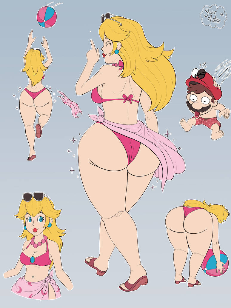 1girls, ass, beach ball, big ass, big breasts, bikini, breasts, busty, clothing, fat ass, female, female only, large breasts, mario, mario (series), multiple views, navel, nintendo, princess peach, princess peach (swimwear), sarong, smile, super mario odyssey, sweetnessadmirer