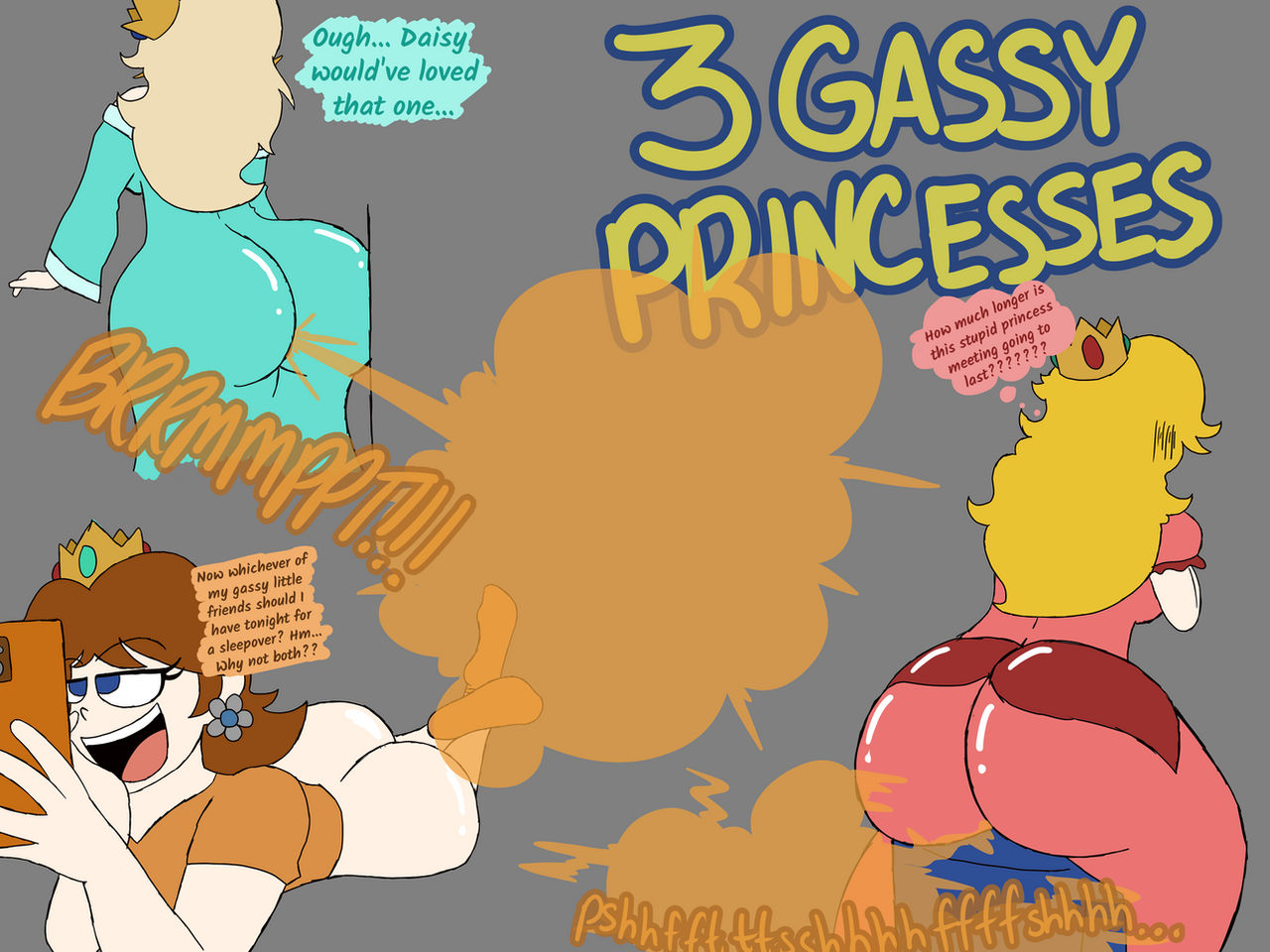 ass, big ass, blonde hair, bubble ass, bubble butt, fart, fart cloud, fart fetish, farting, fat ass, female, huge ass, mario (series), modestpal, nintendo, no panties, orange hair, pantsless, phone, princess daisy, princess peach, princess rosalina, super mario bros.