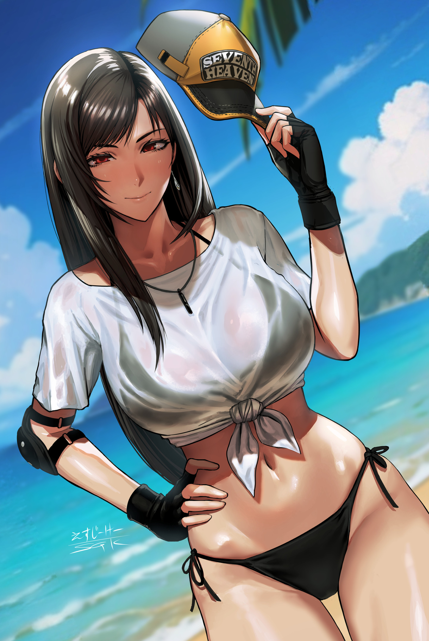 1girls, beach, bikini, bikini under clothes, black bikini, black hair, blue sky, blurry, blurry background, breasts, commentary request, crop top, earrings, elbow pads, female, final fantasy, final fantasy vii, final fantasy vii ever crisis, fingerless gloves, front-tie top, gloves, hand on own hip, hat, highres, jewelry, mountainous horizon, ocean, official alternate costume, palm tree, see-through clothes, see-through shirt, sgk, shirt, side-tie bikini bottom, single elbow pad, sky, smile, solo, swimsuit, teardrop earrings, thigh gap, tied shirt, tifa lockhart, tifa lockhart (lifeguard), tree, unworn headwear, wet, wet clothes, wet shirt, whistle, whistle around neck