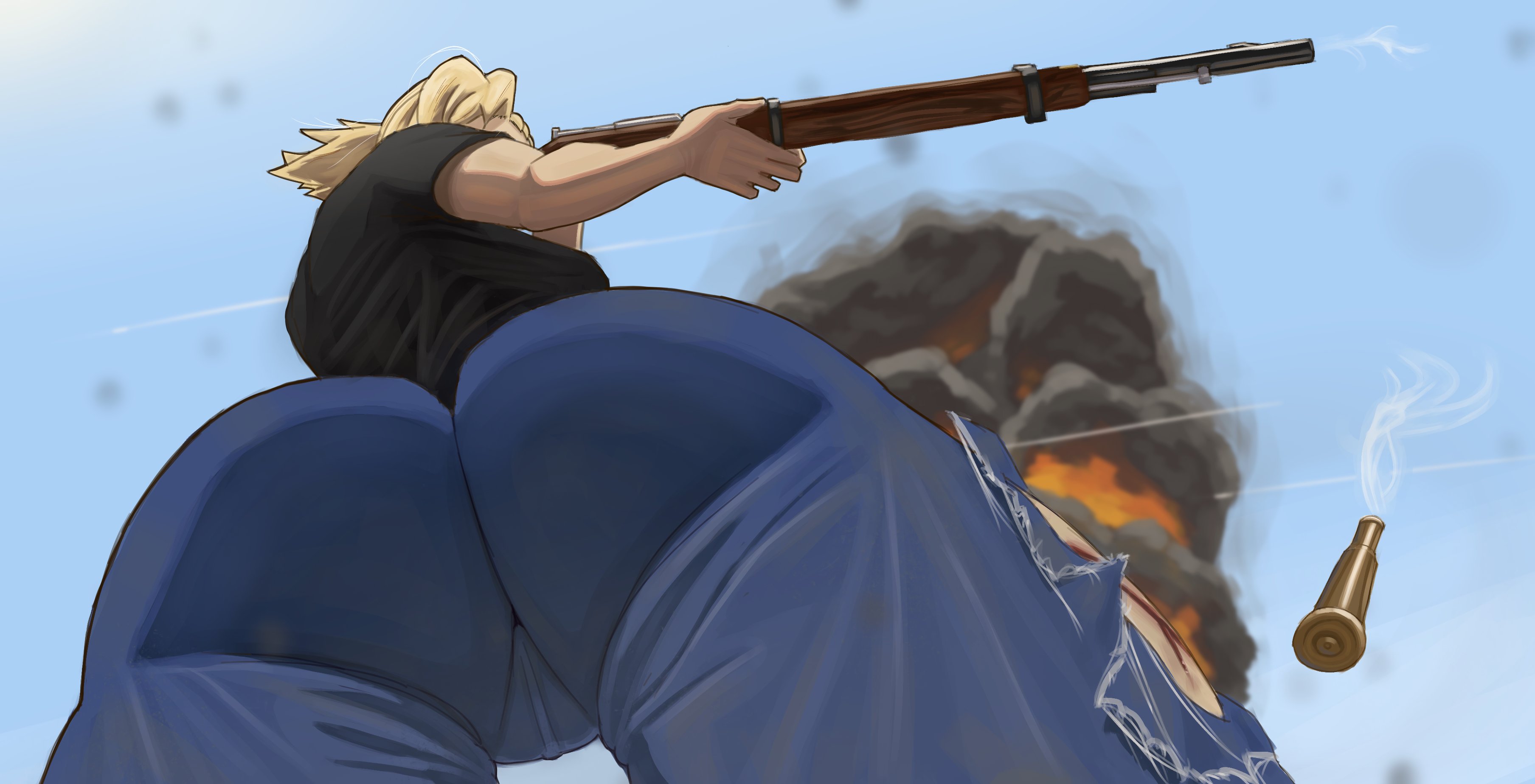 1girls, ass, big ass, breasts, bubble butt, cameltoe, clothing, explosion, fat ass, female, female only, fullmetal alchemist, fullmetal alchemist brotherhood, gluteal fold, gun, huge ass, large ass, metalsplinter, outdoors, pants, pussy, rifle, riza hawkeye, shirt, solo, solo female, thick ass, thick thighs, viewed from below, weapon, wide hips