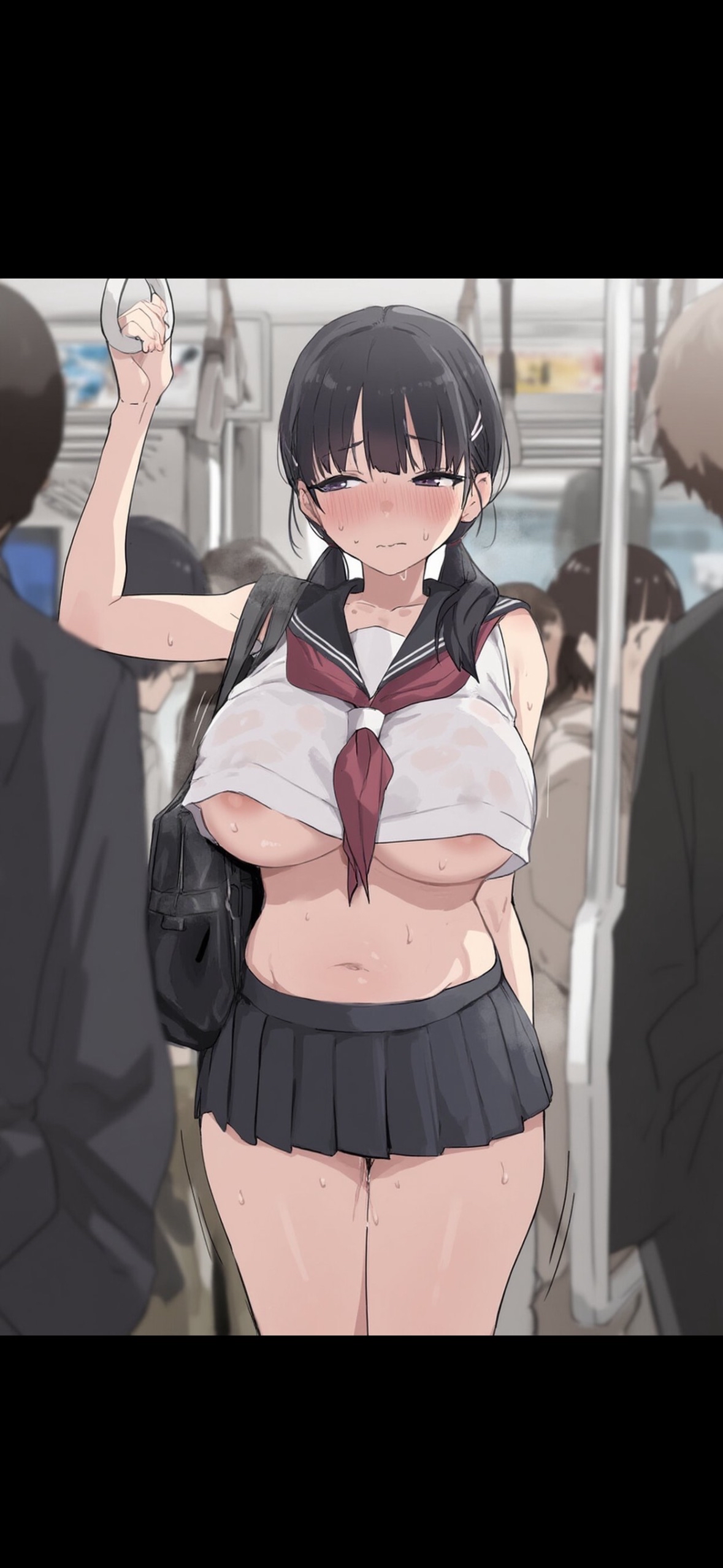 breasts, female, large breasts, revealing clothes, skirt, tagme, tagme (artist), tagme (character), train, train interior, wet clothes