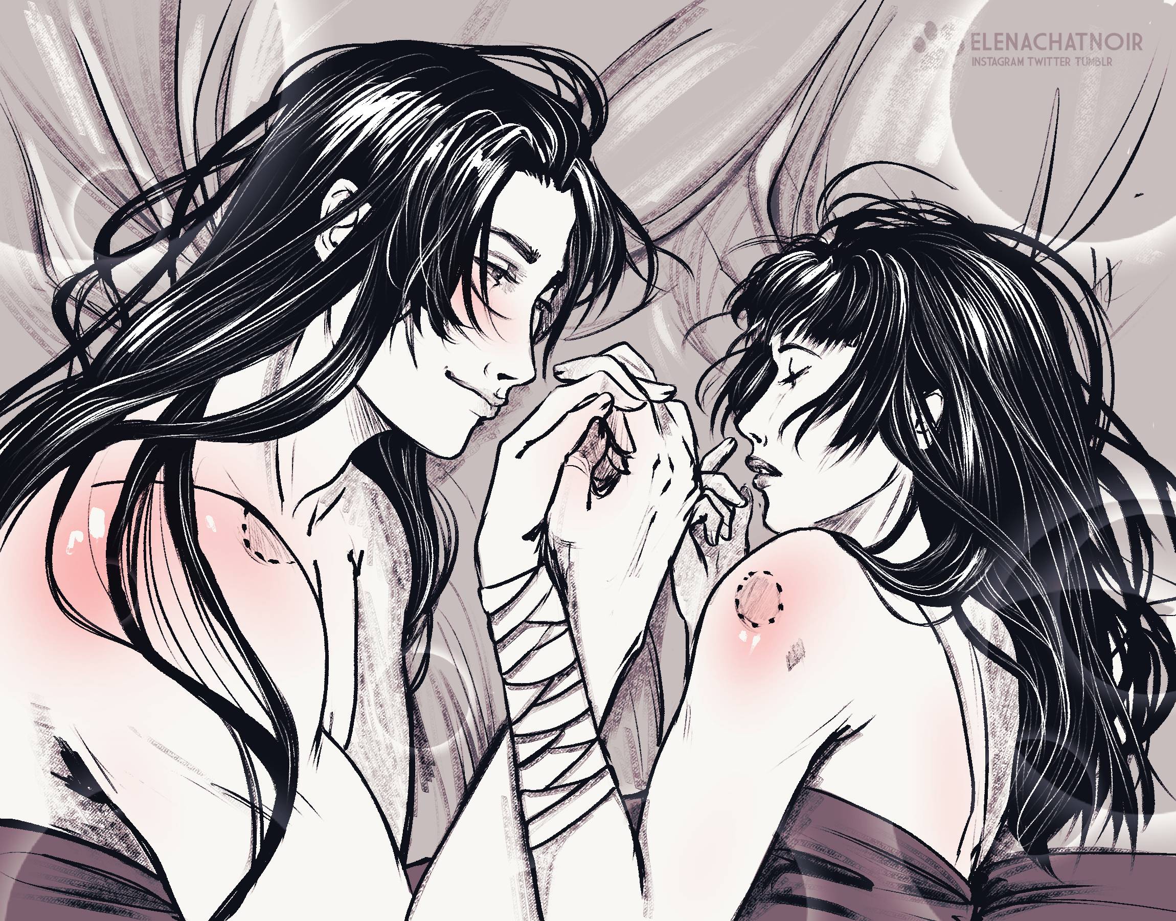 1boy, 1girls, after sex, afterglow, artist name, bandage, bandaged arm, bed, bed sheet, bedroom, bite mark, bite mark on shoulder, black hair, blush, body blush, completely nude, elenachatnoir, female, greyscale, holding hands, in bed, jinshi (kusuriya no hitorigoto), kusuriya no hitorigoto, lighting, lipstick, long hair, lying, lying on bed, lying on side, male, maomao (kusuriya no hitorigoto), monochrome, muscular, muscular male, nude, purple hair, romantic, romantic couple, shoulder blush, sleeping, slight blush, smile, straight, under covers, viewed from above, watermark, wholesome