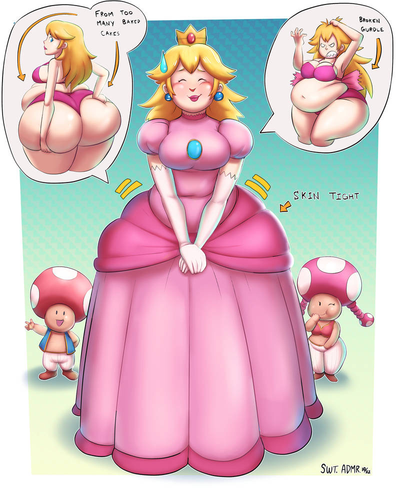 1boy, 1males, 1man, 2female, 2girls, 2woman, 2women, ass, bbw, bra, fat ass, female, male, mario (series), nintendo, princess dress, princess peach, sweetnessadmirer, thong, tight clothing, toad, toad (mario), toadette, weight gain