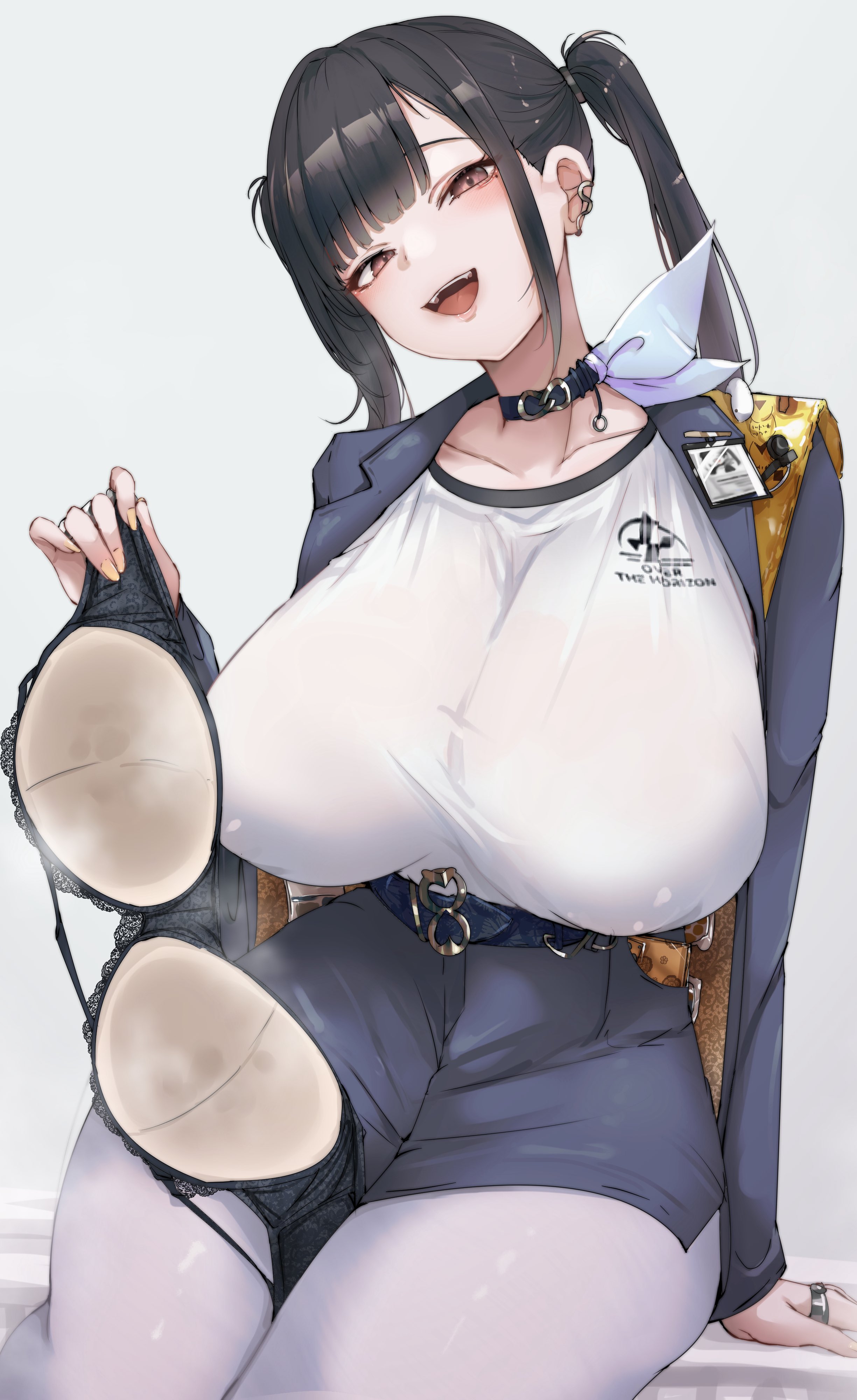1girls, 2d, 2d (artwork), 2d artwork, absurdres, belt, big areola, big breasts, big thighs, black bra, black hair, blazer, blue skirt, blue suit, blush, bra, breasts, busty, busty female, child bearing hips, choker, collarbone, covered erect nipples, dangling breasts, ear ring, earrings, female, female focus, female human, female only, formal clothes, goddess of victory: nikke, hanging breasts, heavy breasts, highres, holding, holding bra, holding underwear, holding unworn clothes, hourglass figure, hourglass figured female, huge areolae, huge breasts, huge thighs, jewelry, large areolae, large breasts, large thighs, light skin, light-skinned female, long breasts, long hair, multiple rings, narrow waist, nipples visible through clothing, no bra under clothes, open mouth, pale skin, pale-skinned female, pantyhose, pierced ear, piercing, piercings, pokies, presenting bra, red eyes, removing bra under shirt, ring, round breasts, ryuu., shiny clothes, shiny hair, shirt, shorts, showing off, showing off breasts, sidelocks, sitting, skinny waist, skirt, slender waist, small waist, smile, solo, solo female, solo focus, sora (nikke), steaming clothes, straight bangs, suit, swinging breasts, thick thighs, thighs, thighs bigger than head, thighs large, thighs together, thighs waist, thin waist, tight clothes, tight clothing, tight shirt, tiny waist, twintails, underwear, unworn bra, wasp waist, white pantyhose, white shirt, wide hips