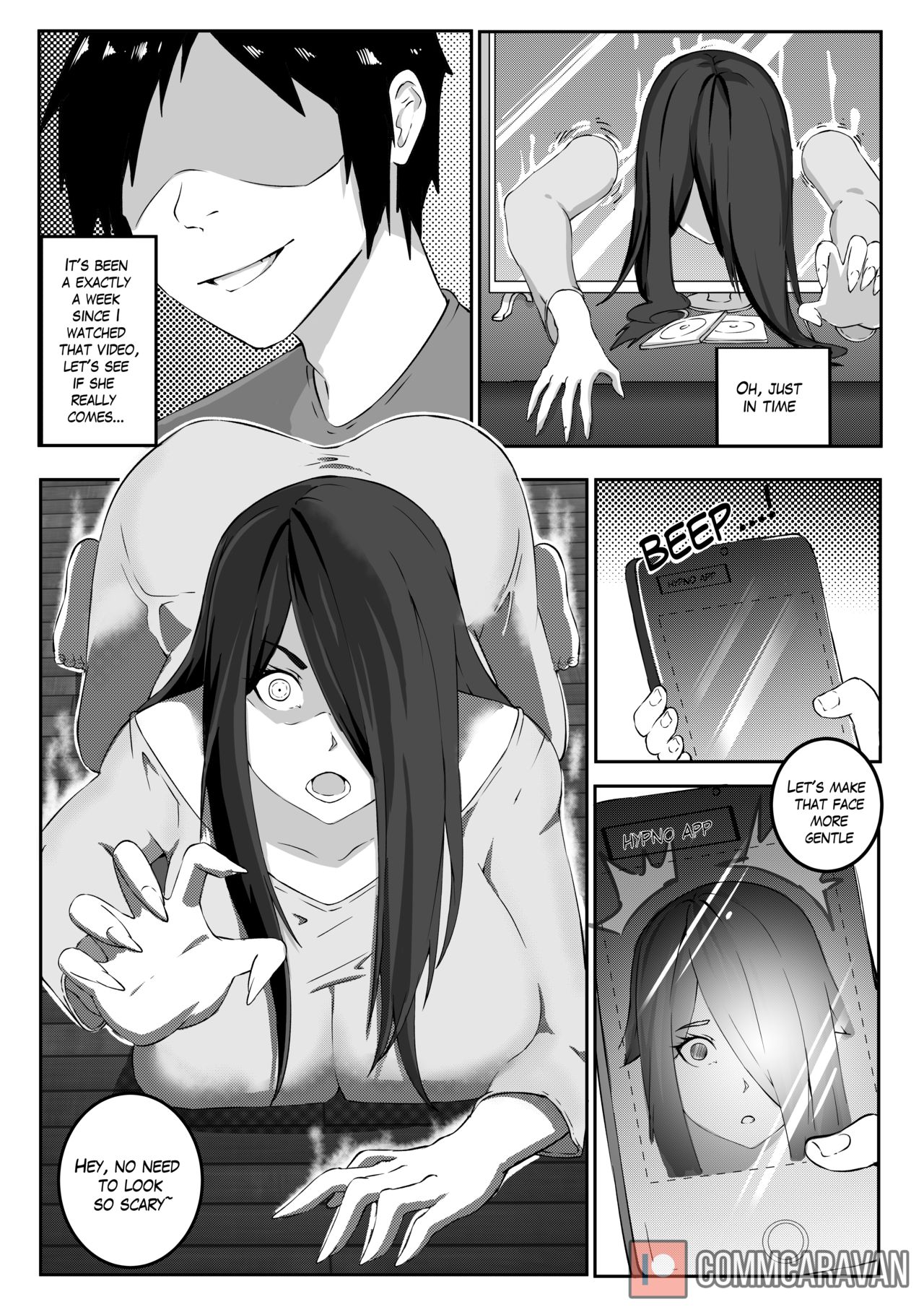 1boy1girl, bubble butt, comic, commcaravan, female, ghost, ghost girl, greyscale, hair covering one eye, male, sadako yamamura, text, the ring, trapped, tv, voluptuous female, yamamura sadako