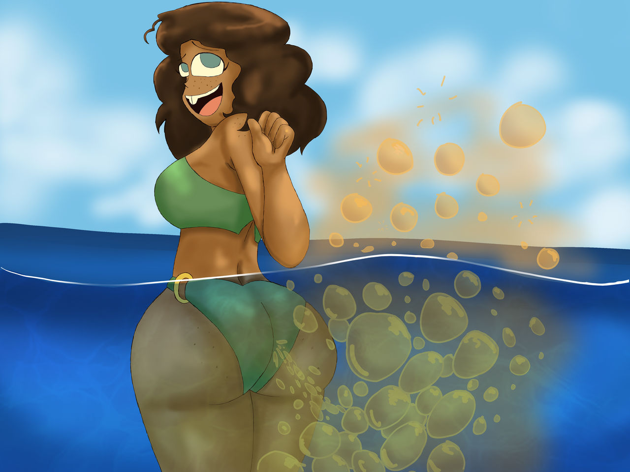 big_ass bikini bubble_butt buckteeth dark-skinned_female dark_skin fart fart_bubbles fart_cloud fart_fetish farting farting_in_water fat_ass huge_ass looking_back modestpal