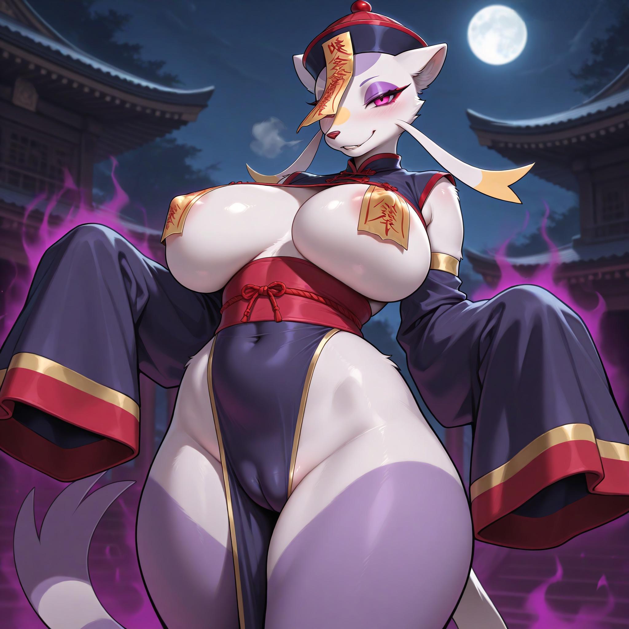 1girls, ai generated, ancient temple, anthro, anthro only, asian clothing, aura, breasts, cameltoe, covered nipples, dark aura, female, female anthro, female only, female pokemon, full moon, furry, furry female, furry only, halloween, halloween theme, heat, hips, horny female, huge breasts, jiangshi costume, looking at viewer, mienshao, moon, navel, night, outdoors, pagoda, pokemon, pokemon (species), seductive, serbm, skimpy clothes, smiling, smirk, smug, solo, solo anthro, solo female, solo furry, standing, temple, thick thighs, thighs, tight clothing