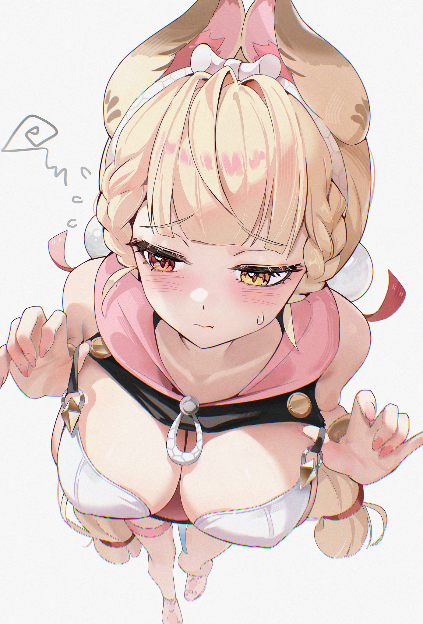 1girls, alice thymefield, alice thymefield (sea of thyme), alternate costume, blonde hair, blush, bow, bra, breasts, bunny ears, bunny girl, clothed, embarrassed, female, heterochromia, highres, large breasts, looking away, official alternate costume, official alternate hairstyle, painted nails, shirt lift, simple background, sweatdrop, thiren, white background, zenless zone zero, zije