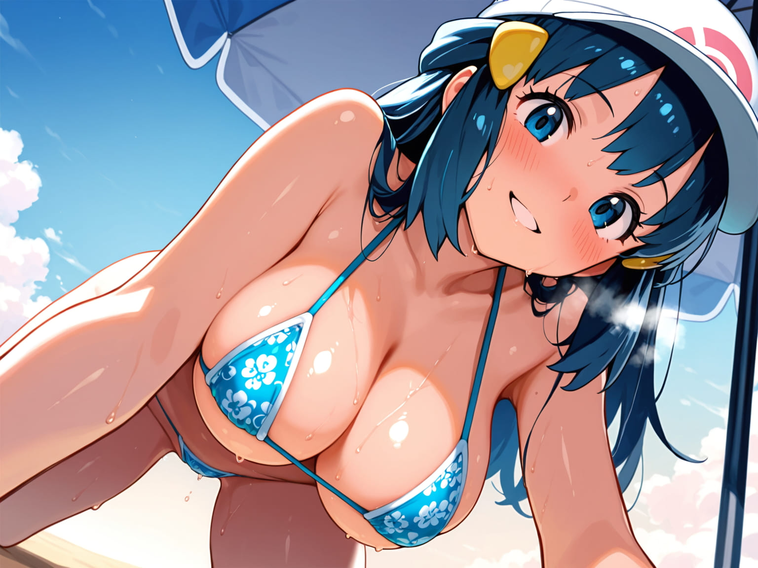1girls, ai generated, baseball cap, beach, blue eyes, blue hair, blush, breasts, creatures (company), dawn (pokemon), female, female focus, game freak, looking at viewer, micro bikini, nintendo, parasol, pokemon, pokemon (anime), wet