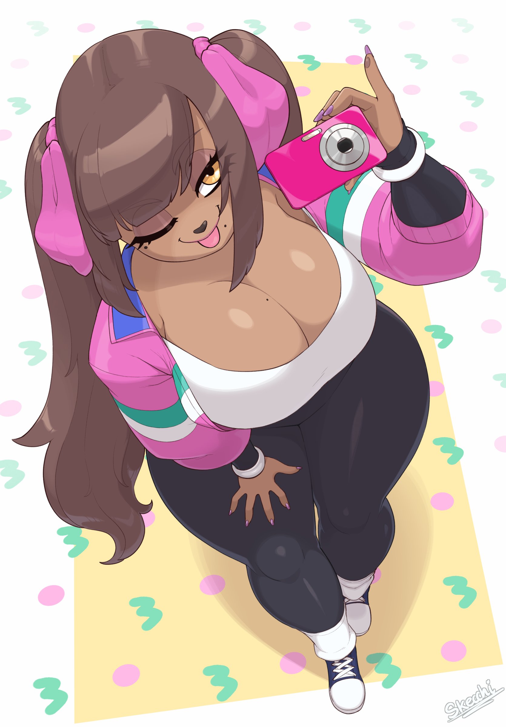 1girls, anthro, big breasts, blep, breasts, brown body, brown hair, camera, canid, canine, cleavage, clothing, czekoladka (skecchiart), domestic dog, eyelashes, female, female only, hair ribbon, hi res, long hair, looking at viewer, mole, mole on breast, mole under eye, mole under mouth, original, original character, skecchiart, smiling, smiling at viewer, solo, solo female, thick thighs, twintails, viewed from above, wink, winking at viewer, yellow eyes