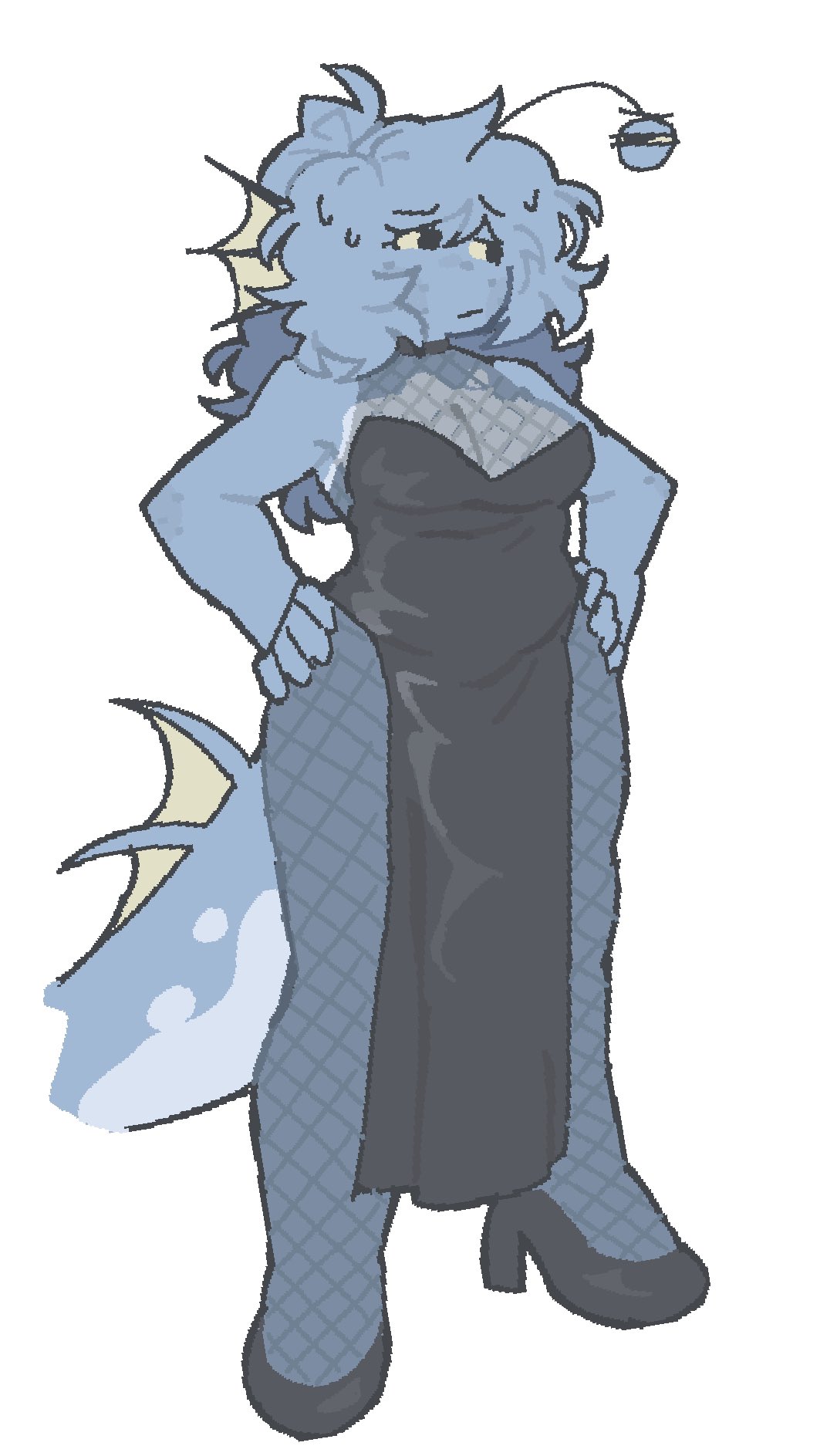 1girls, 2025, ahoge, antennae (anatomy), big tail, breasts, cleavage, female, female only, fish girl, fish humanoid, fishnet pantyhose, fishnets, gailin (refresh rm), hair, high heels, pantyhose, ponytail, refresh rm, sweat, sweating, tail, thighs, twitter, twitter link, twitter user oc