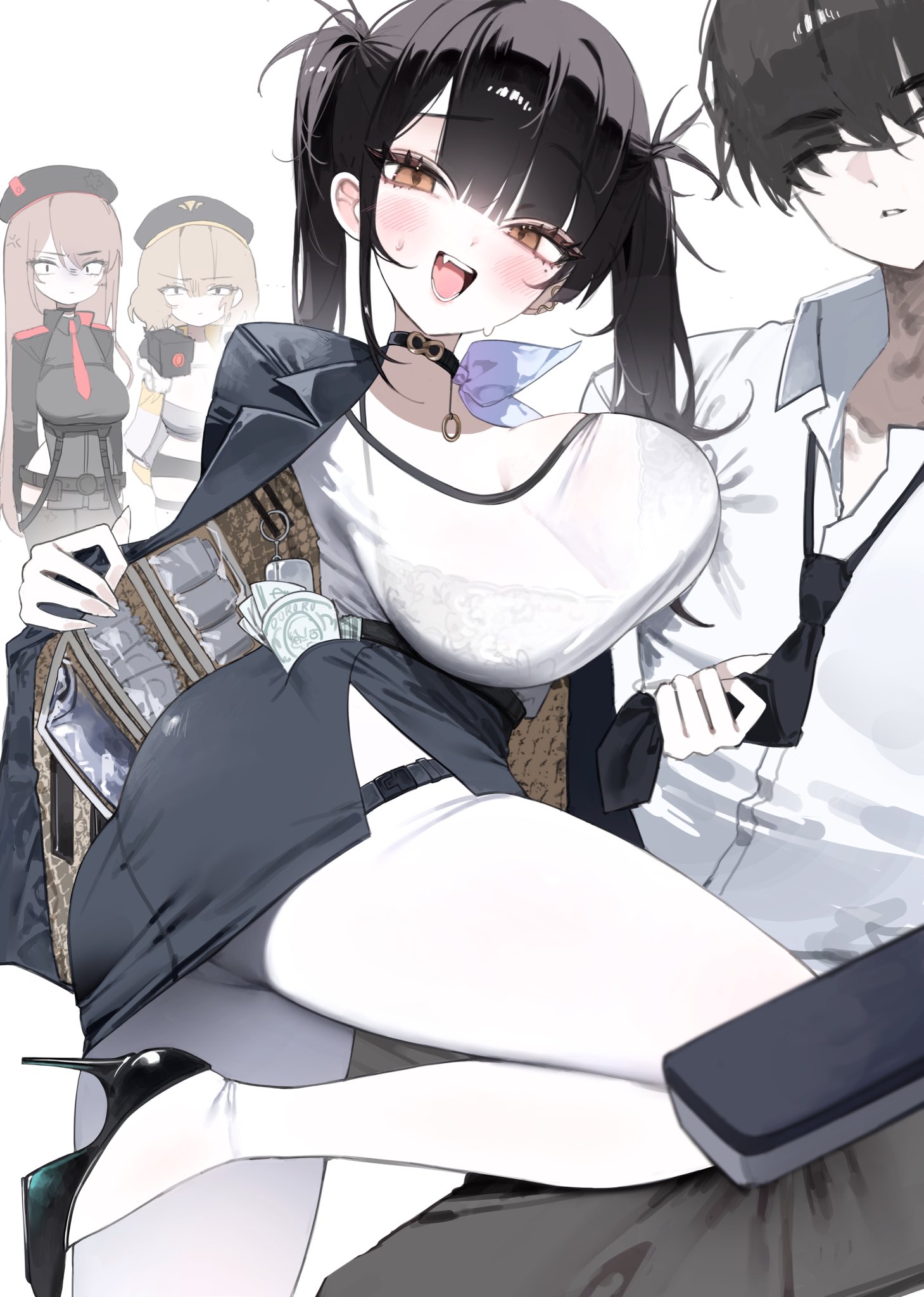 1boy, 3girls, amu1207, anis (nikke), ass, black choker, black hair, bra visible through clothes, breasts, choker, commander (nikke), female, goddess of victory: nikke, high heels, highres, jacket, large breasts, leg up, long hair, looking at viewer, male, open clothes, open jacket, panties, pantyhose, rapi (nikke), red eyes, shirt, skirt, smile, solo, sora (nikke), twintails, underwear, white background, white pantyhose, white shirt