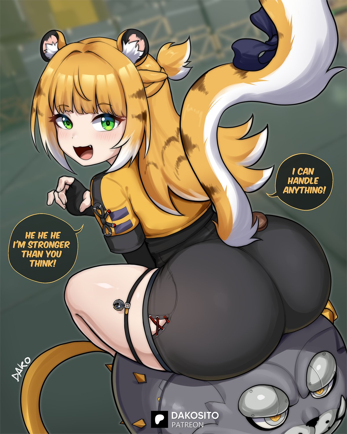 animal_ear_fluff animal_ears blonde_hair colored_inner_hair dako_(dakosito) female green_eyes highres ju_fufu long_hair looking_at_viewer multicolored_hair open_mouth solo tail tiger_ears tiger_girl tiger_tail white_hair zenless_zone_zero