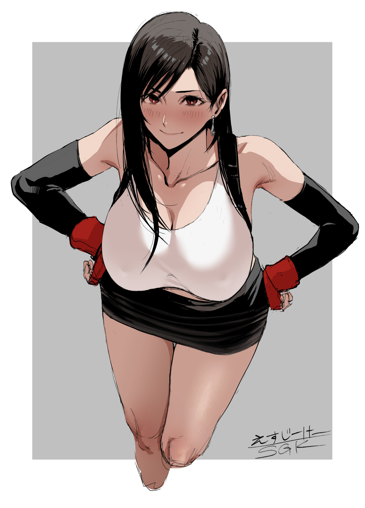 1girls, bare legs, black hair, black skirt, blush, border, breasts, cleavage, collarbone, commentary request, covered nipples, cropped legs, earrings, elbow gloves, female, final fantasy, final fantasy vii, fingerless gloves, floating earrings, gloves, hands on own hips, highres, jewelry, large breasts, leaning forward, long hair, looking at viewer, miniskirt, outside border, red gloves, sgk, skirt, smile, solo, suspenders, tank top, tifa lockhart, tifa lockhart (1997), white border