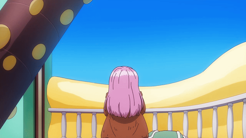 2025 20s aged_up animated anime_screenshot ass ass_focus belt belt_buckle blue_sky bracelet brown_jacket character_name female female_focus huge_ass jacket jewelry_bonney long_hair midriff one_piece pink_hair shirt short_shorts sitting solo suspenders tagme transformation white_shirt