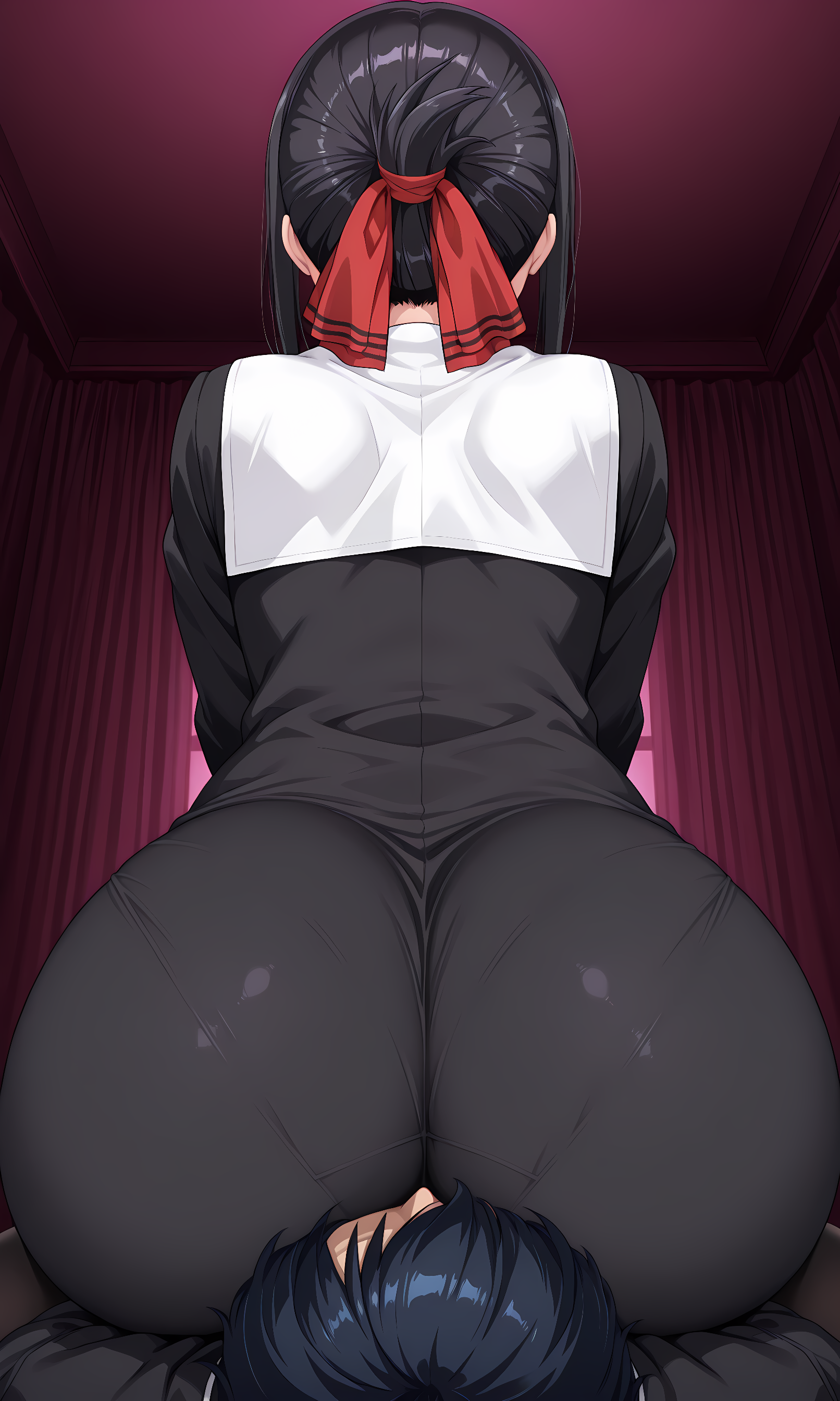 1boy, 1girls, ai generated, ai hazama, back view, big ass, black hair, cowgirl position, facesitting, female, ishigami yu, kaguya-sama wa kokurasetai ~tensai-tachi no renai zunousen~, male, red ribbon, shinomiya kaguya